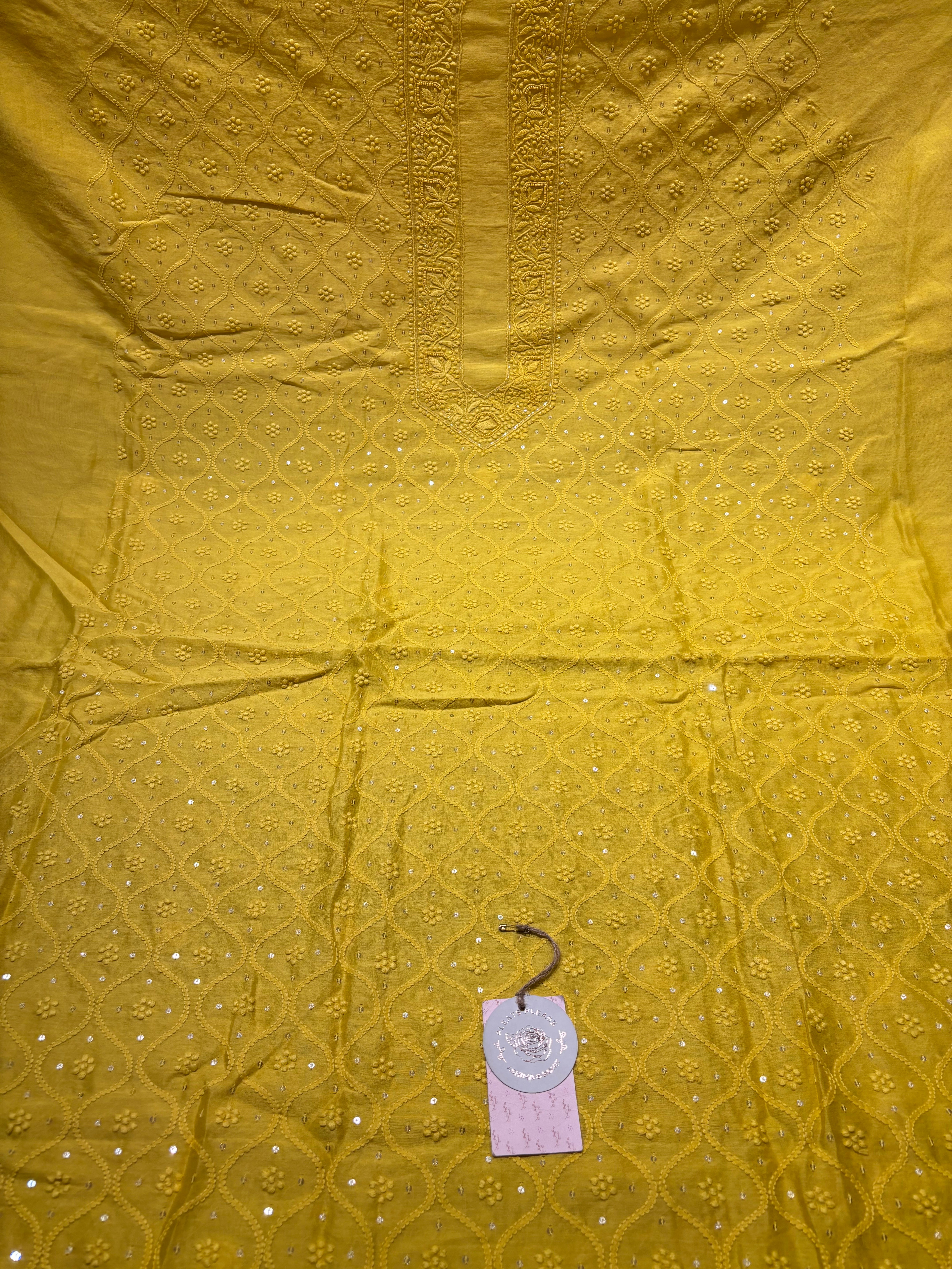 Yellow Chanderi Silk Chikankari Men’s Kurta Fabric