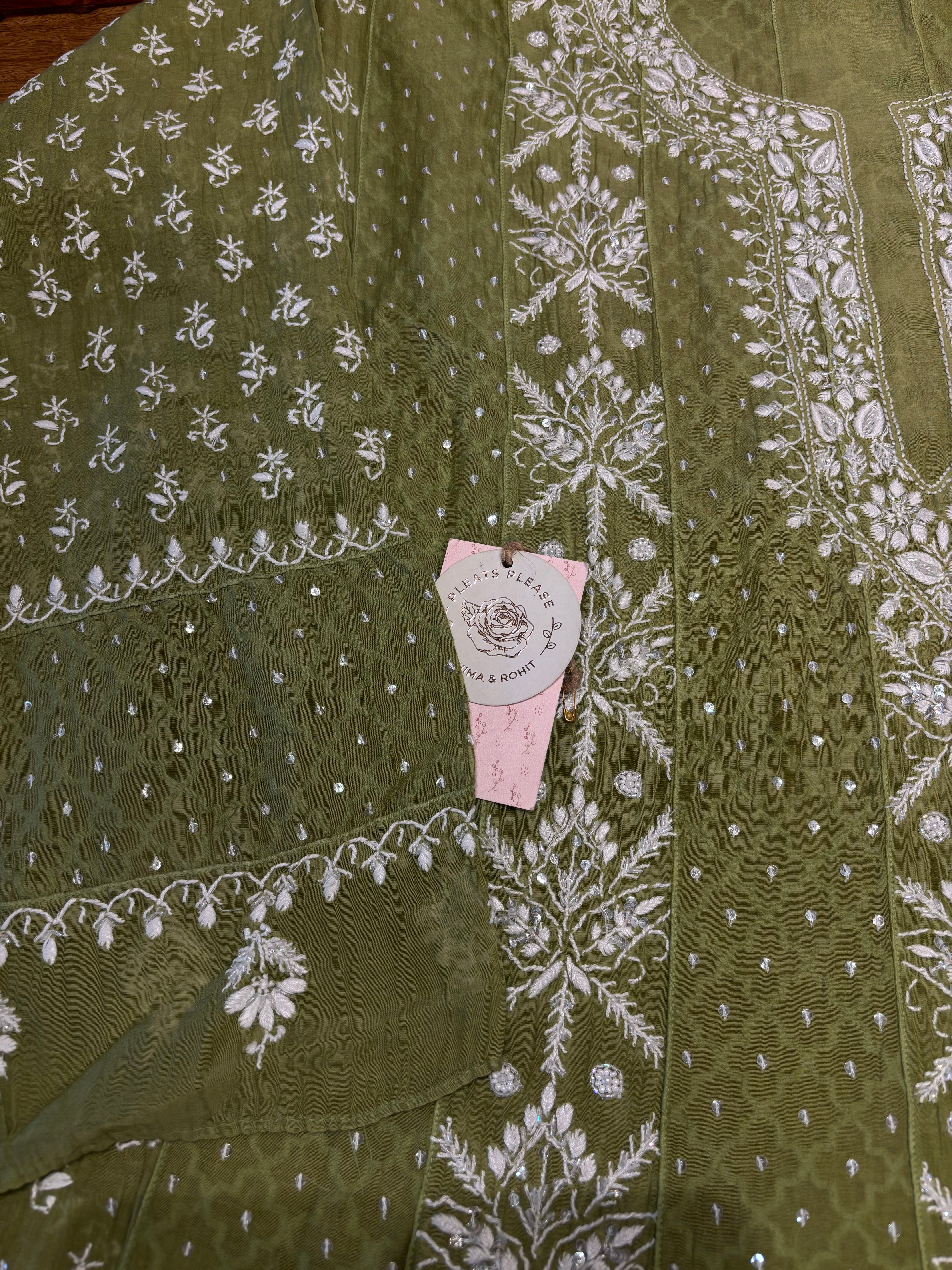 Olive Green Chanderi Mul Chikankari Anarkali and Dupatta