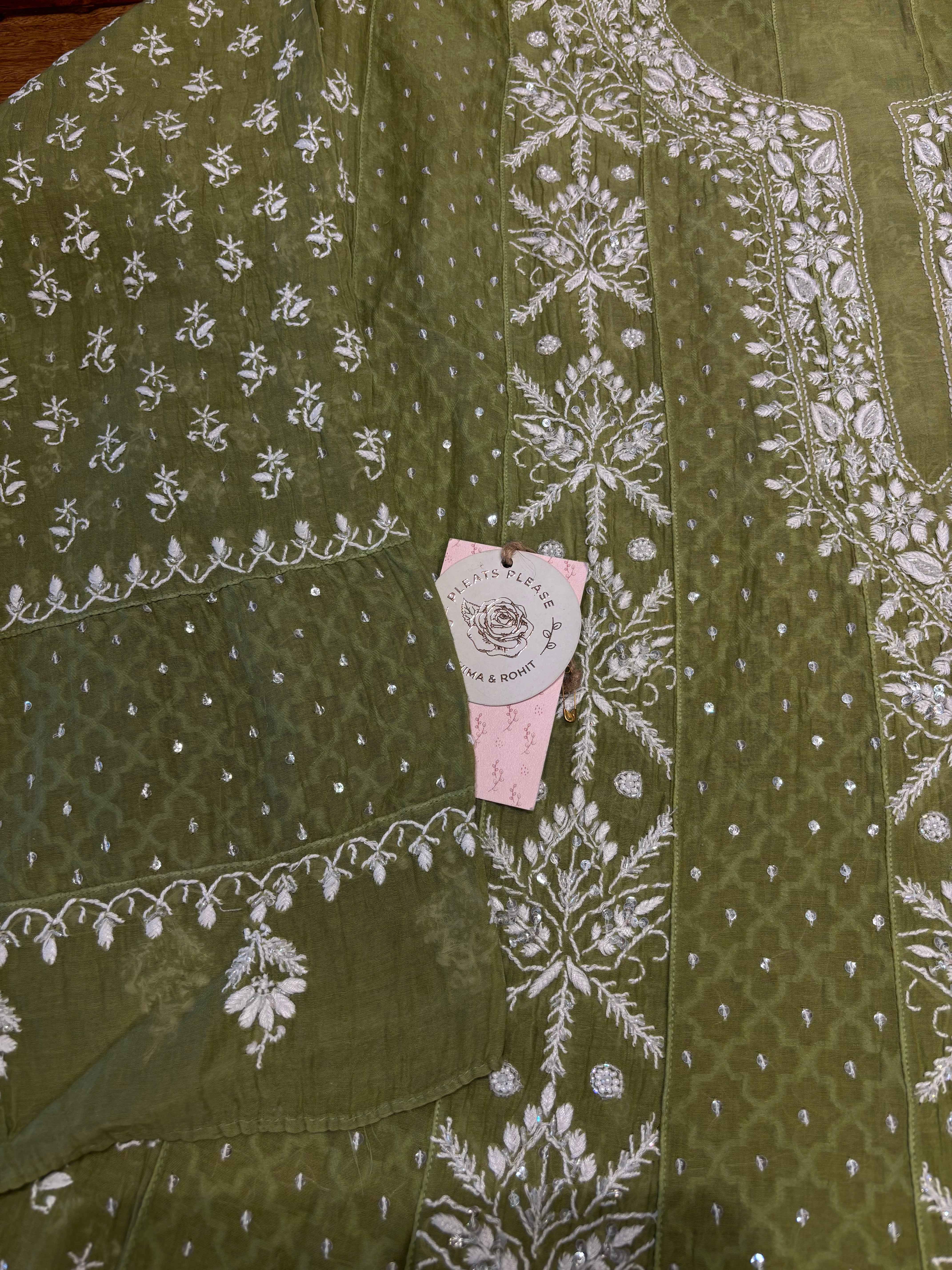 Olive Green Chanderi Mul Chikankari Anarkali and Dupatta - Pleats PleaseChikankari