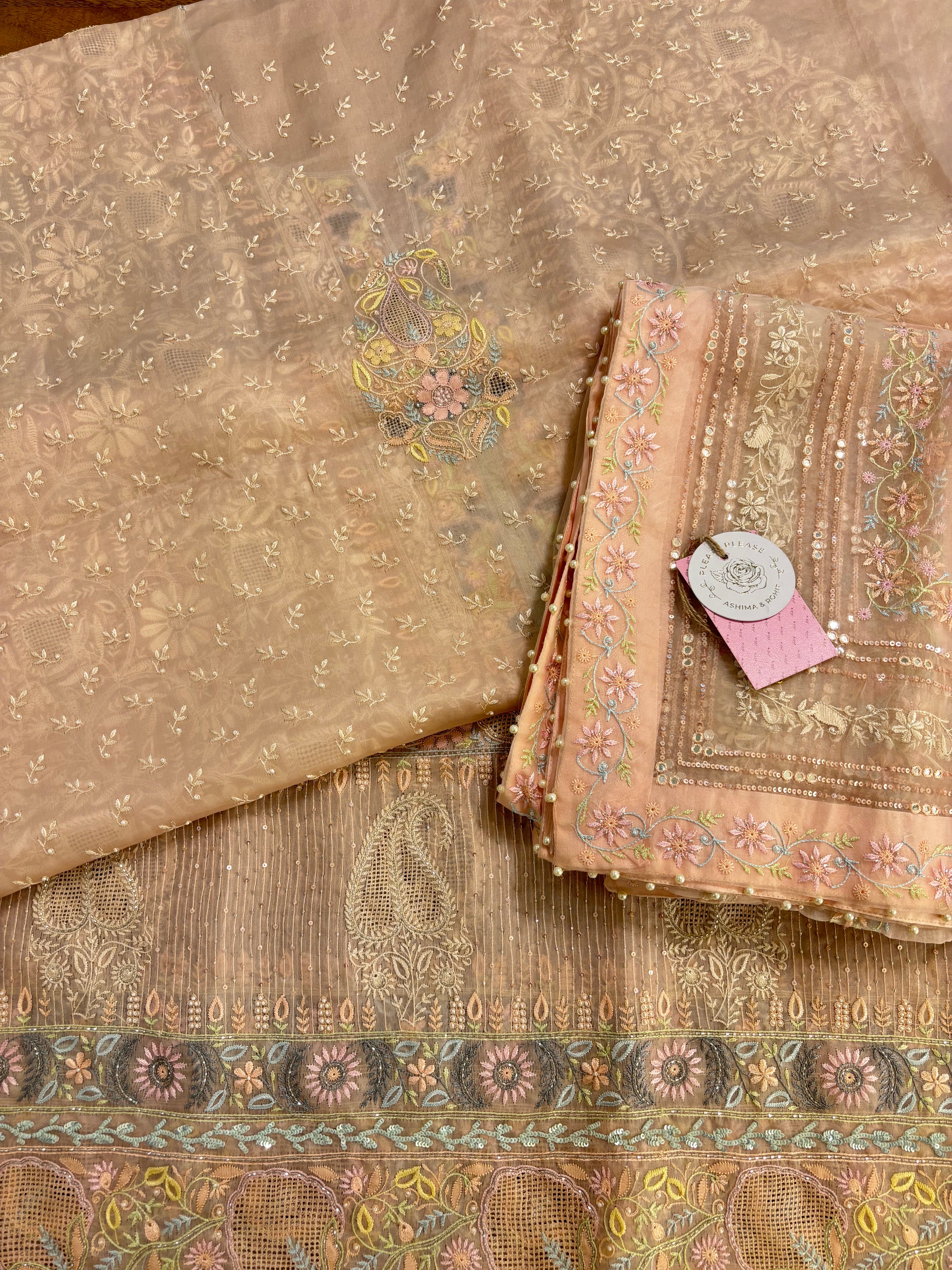 Pastel Peach Organza Mirror Chikankari Kurta & Dupatta