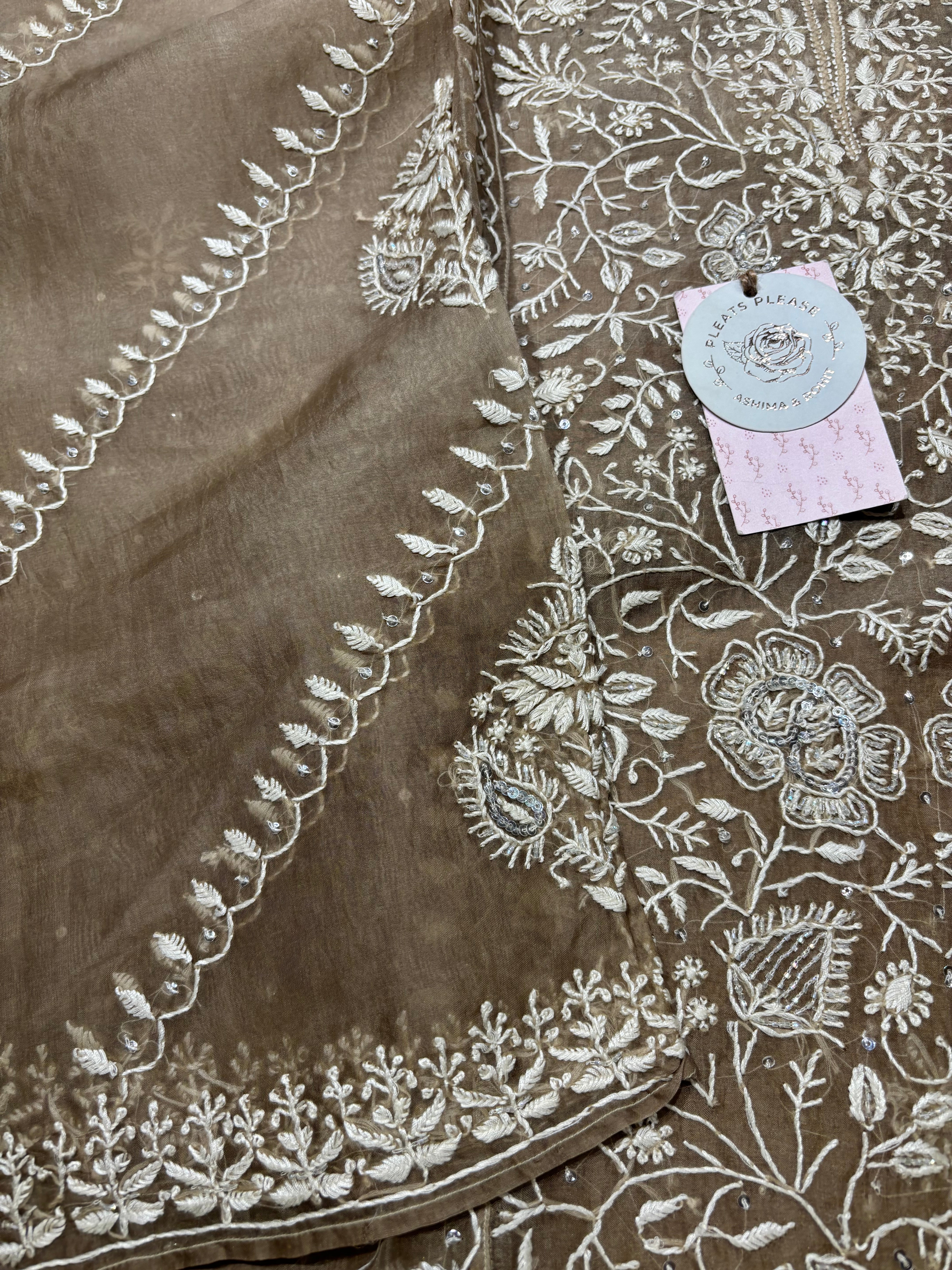 Brown Organza Chikankari Kurta and Dupatta set