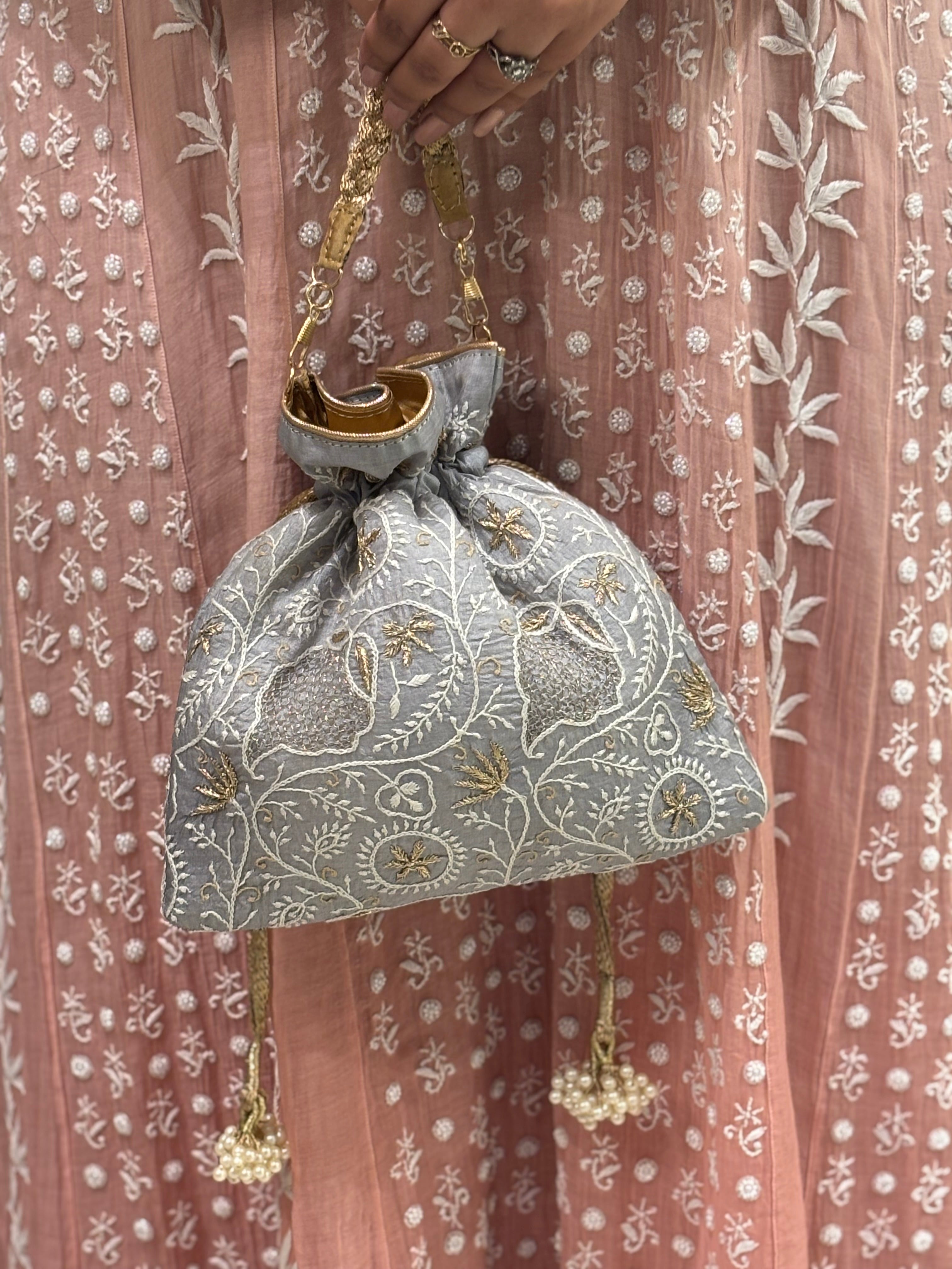 Ice Blue Silk Chikankari Potli
