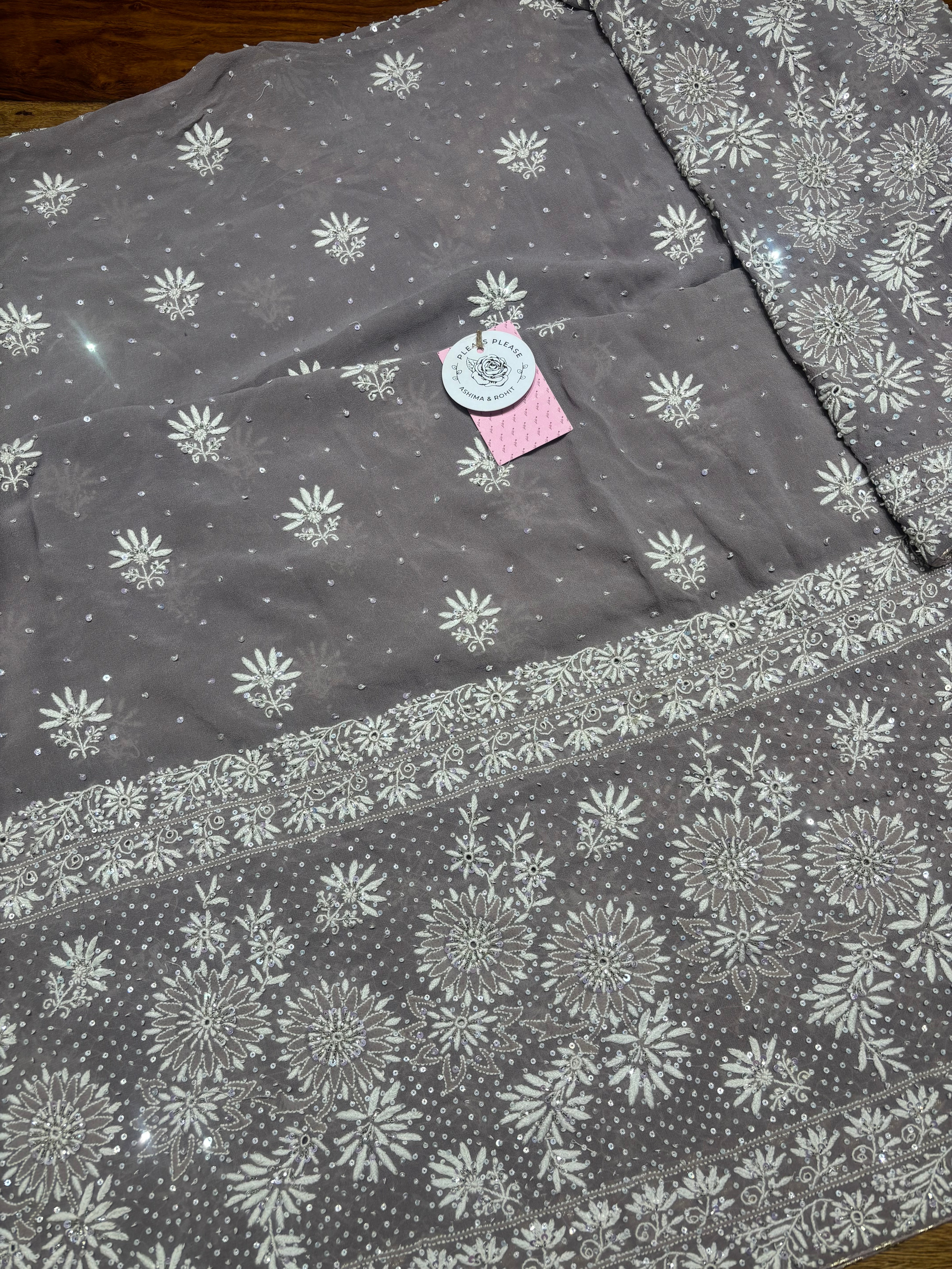 Ash Gray Pure & Premium Georgette Chikankari Kurta & Dupatta Fabric