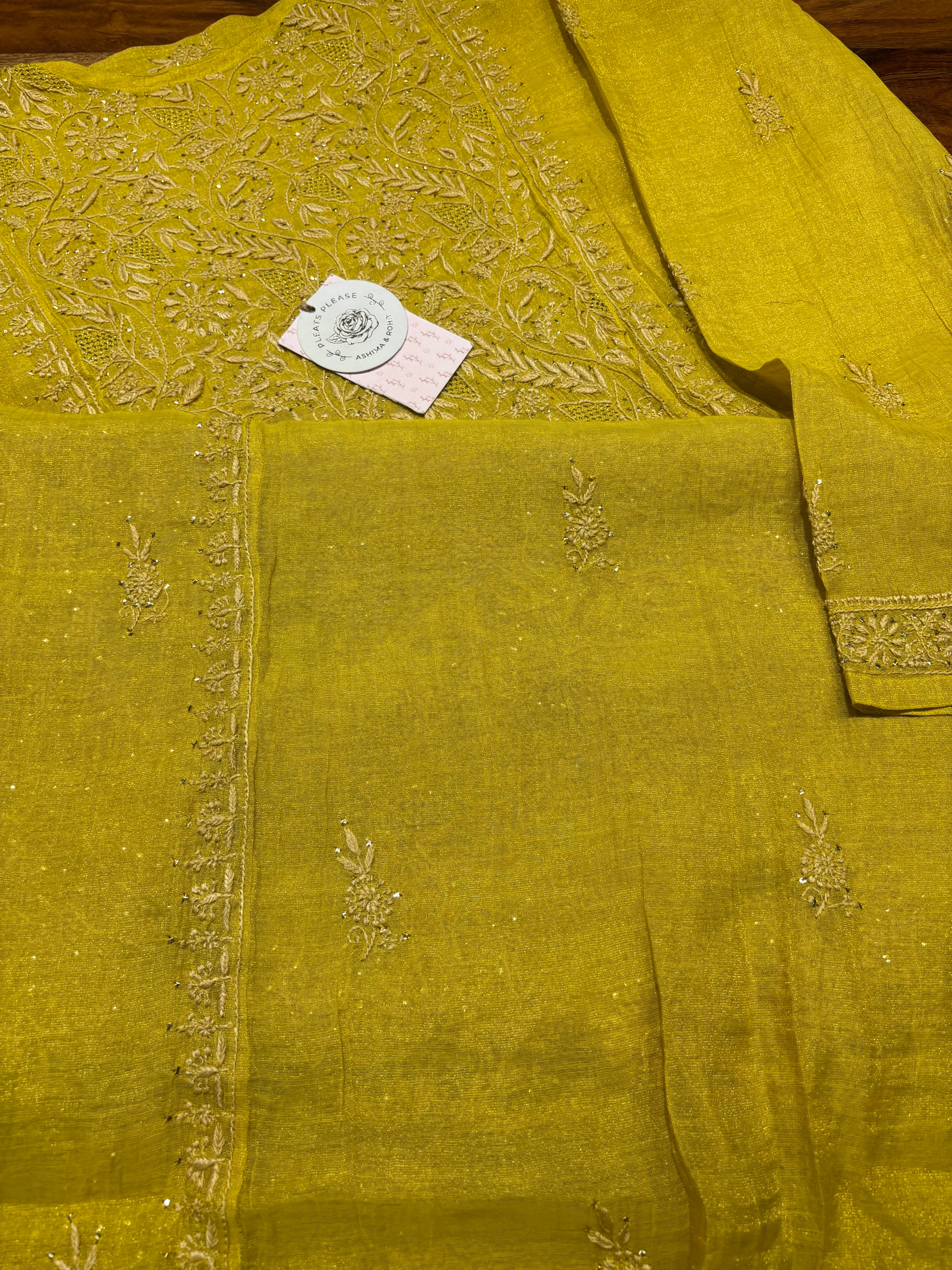 Yellow Pure and Premium Tissue Chikankari & Mukaish Angrakha and Dupatta Set