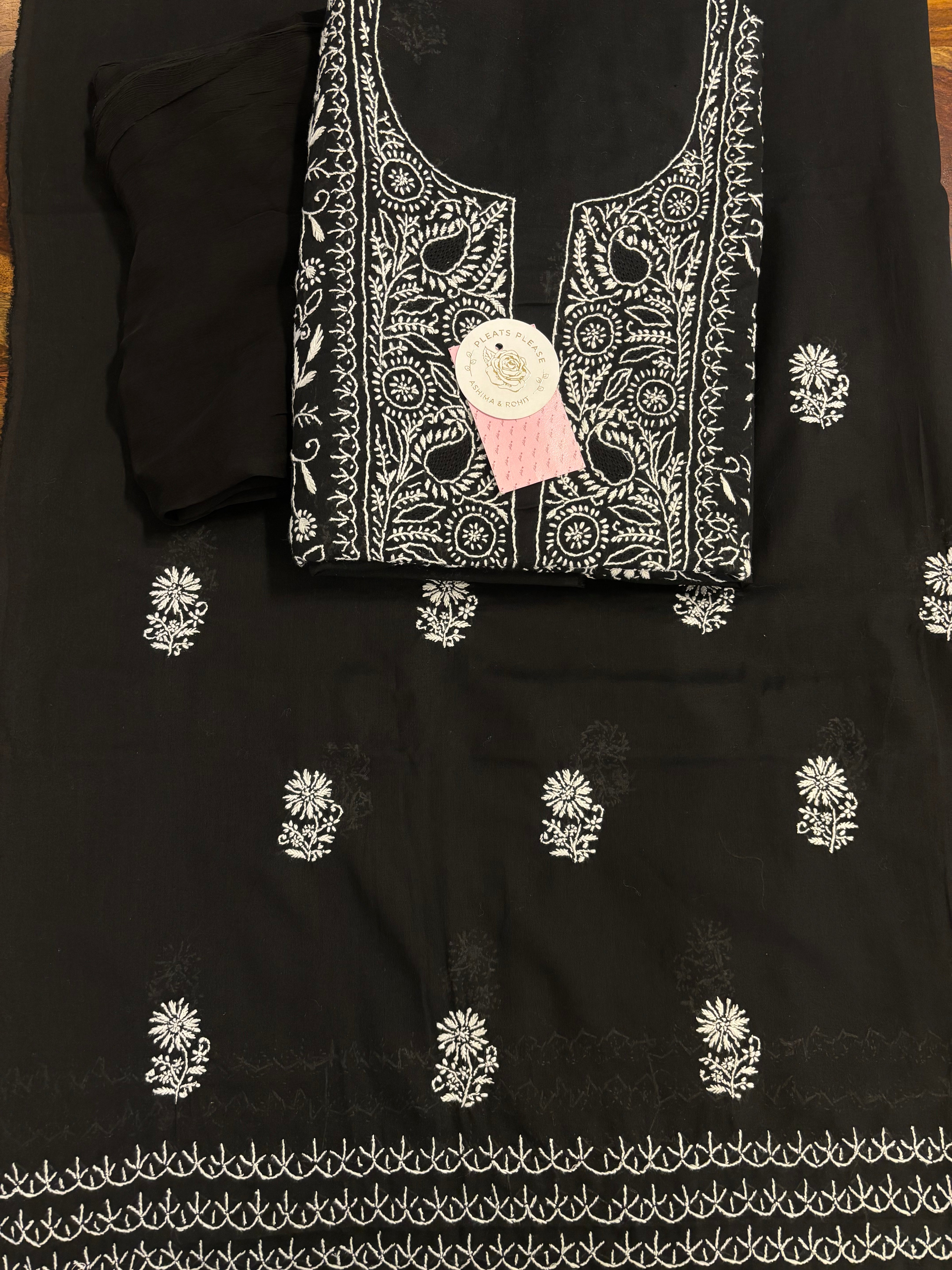 Black Cotton Chikankari Kurta, Dupatta With Bottom