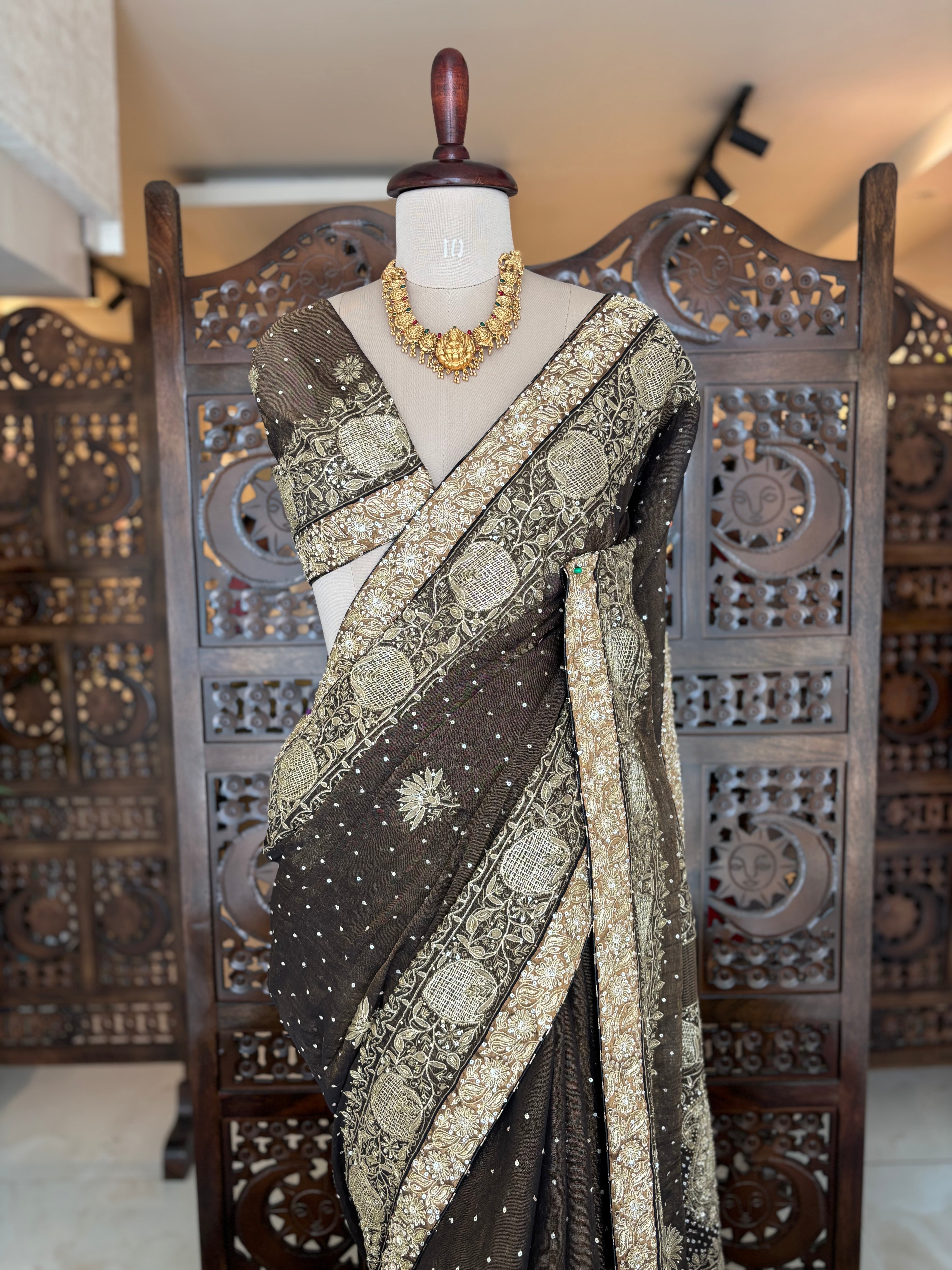 Black Pure and Premium Tissue Chikankari Saree and Blouse - Pleats PleaseChikankari