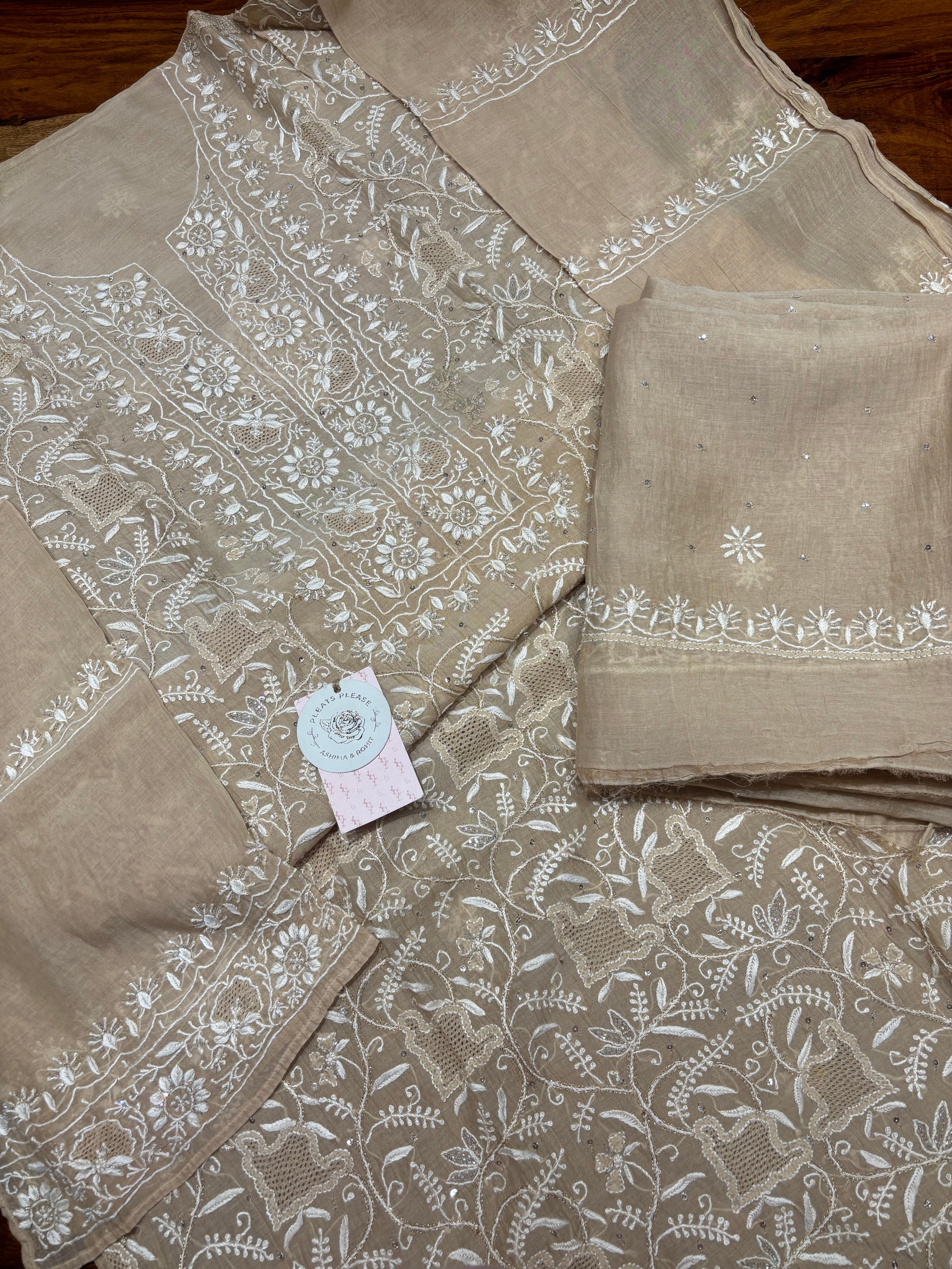 Coffee Creme Chanderi Mul Chikankari Kurta & Dupatta Set
