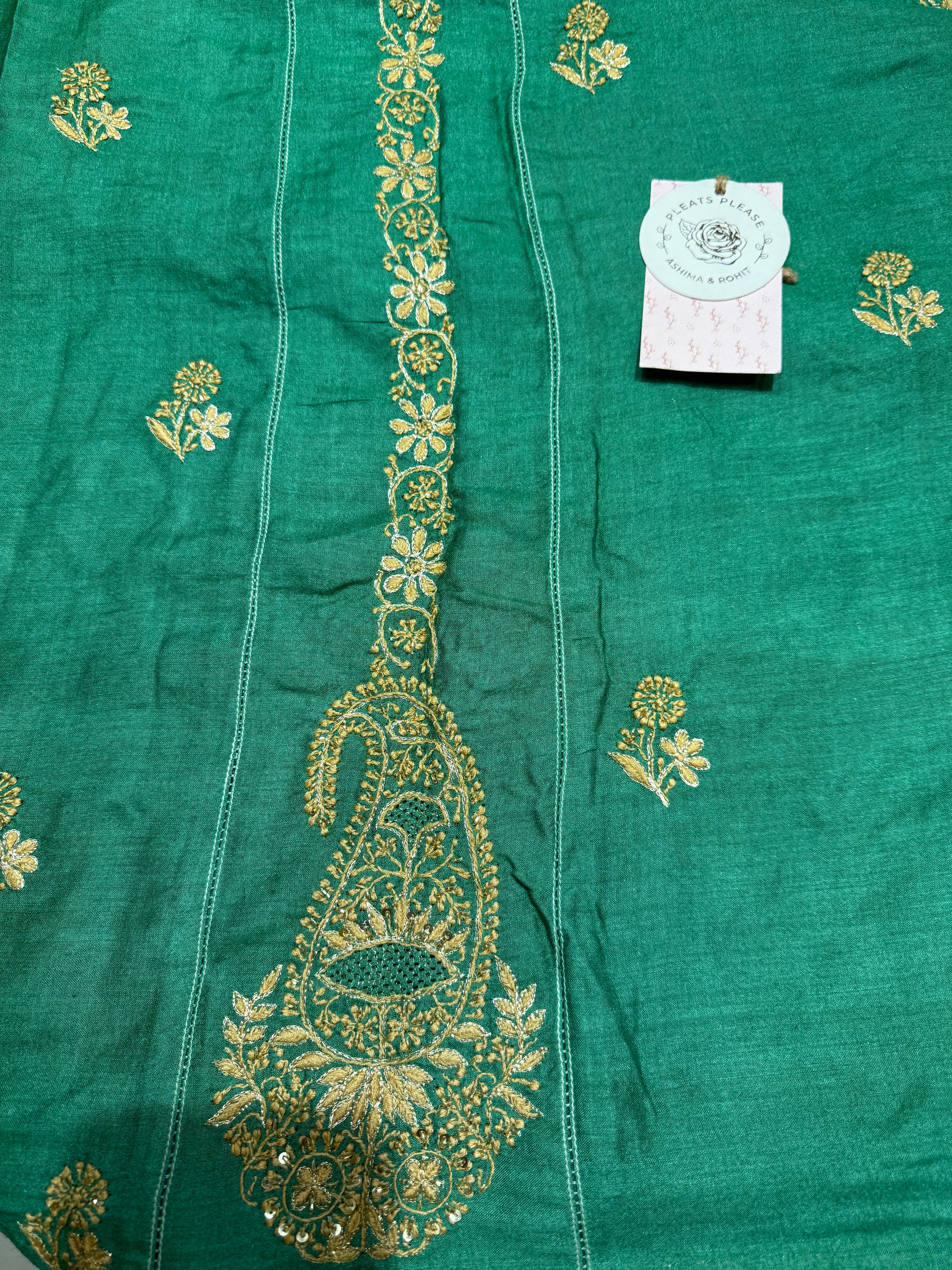 Emerald Green Monga Silk Chikankari A-Line Anarkali & Dupatta Set