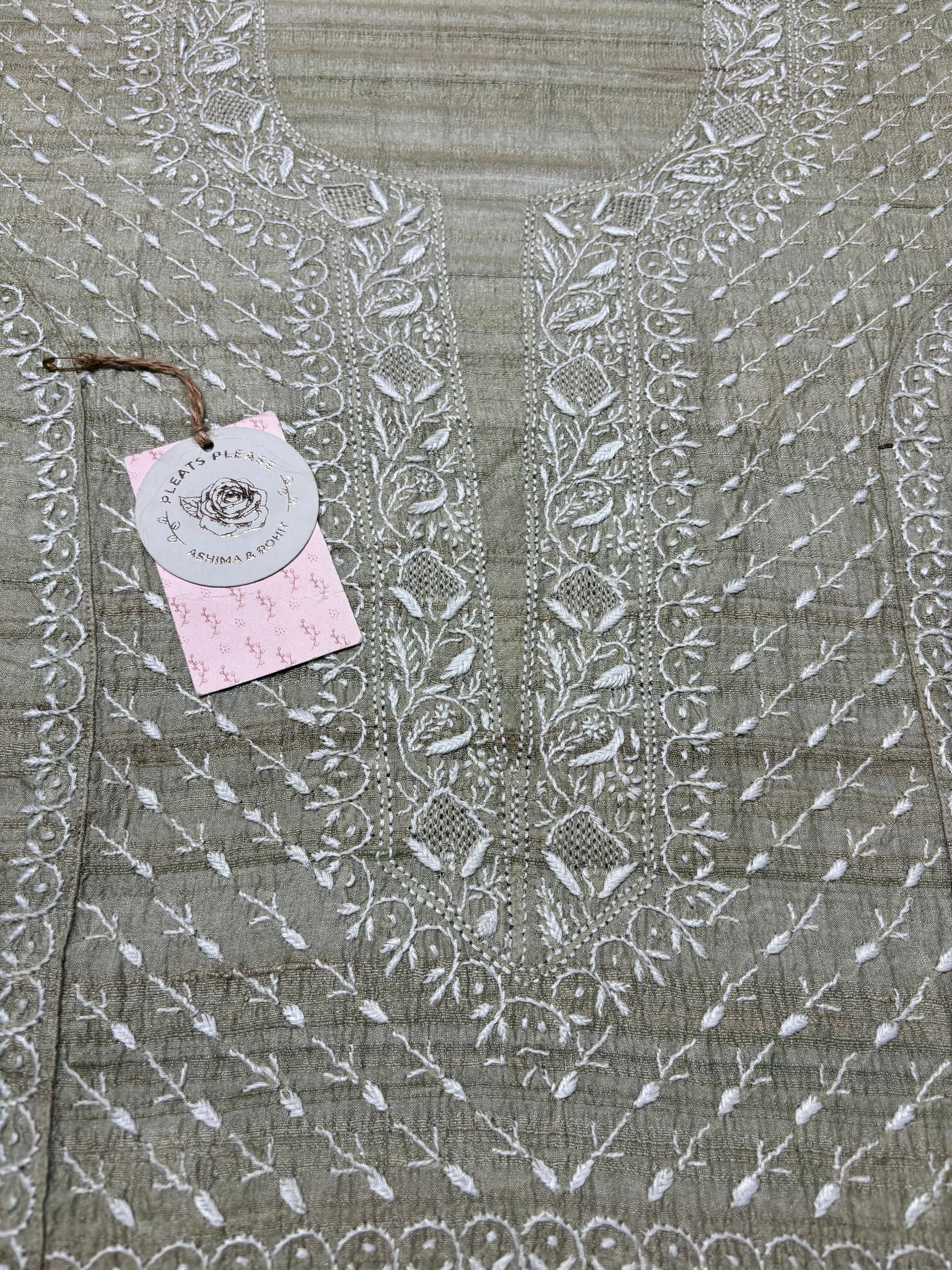 Sage Green Tussar silk Chikankari Kurta and Dupatta set
