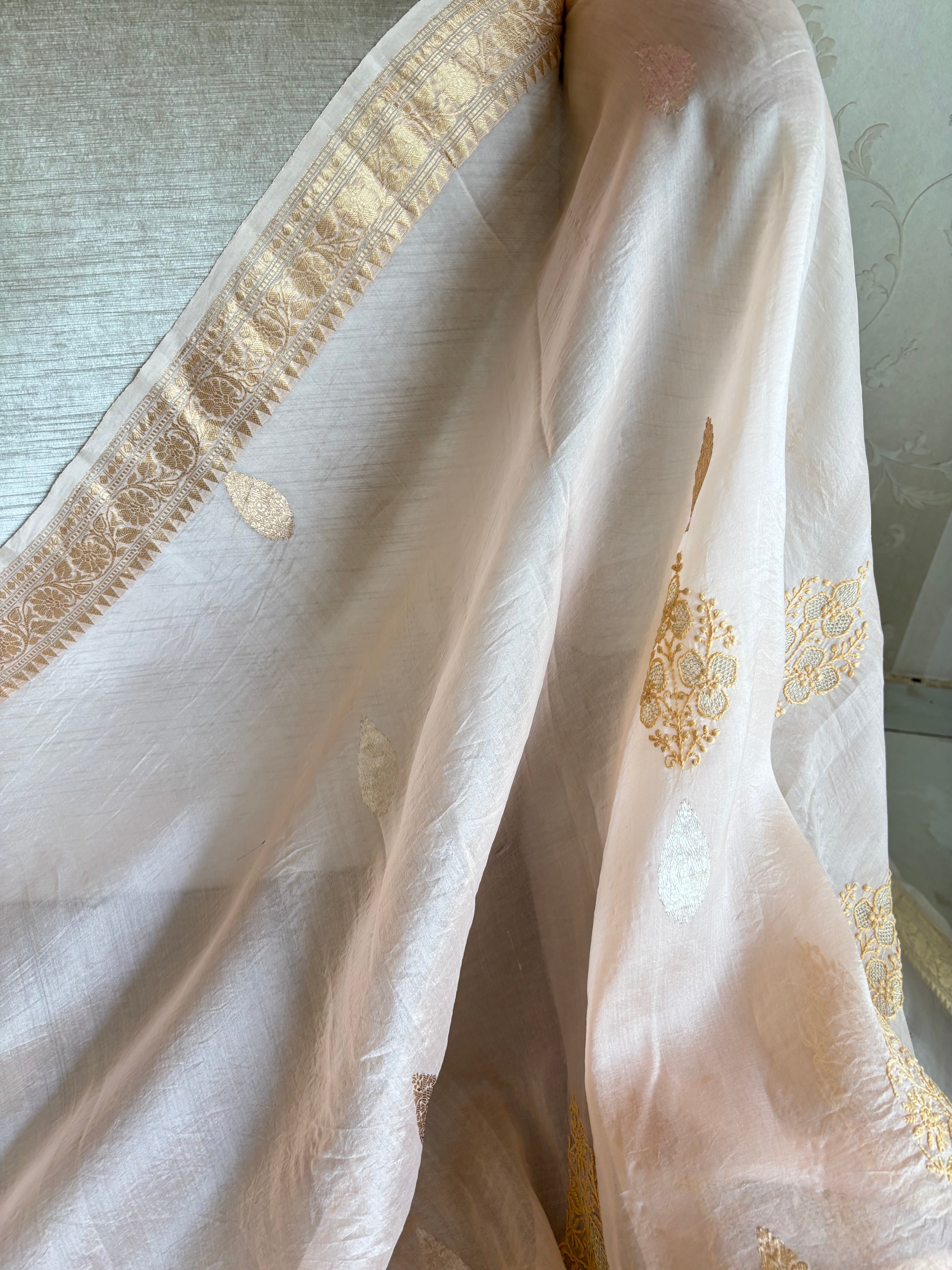Rose Gold organza Kora Silk Chikankari Saree and Blouse
