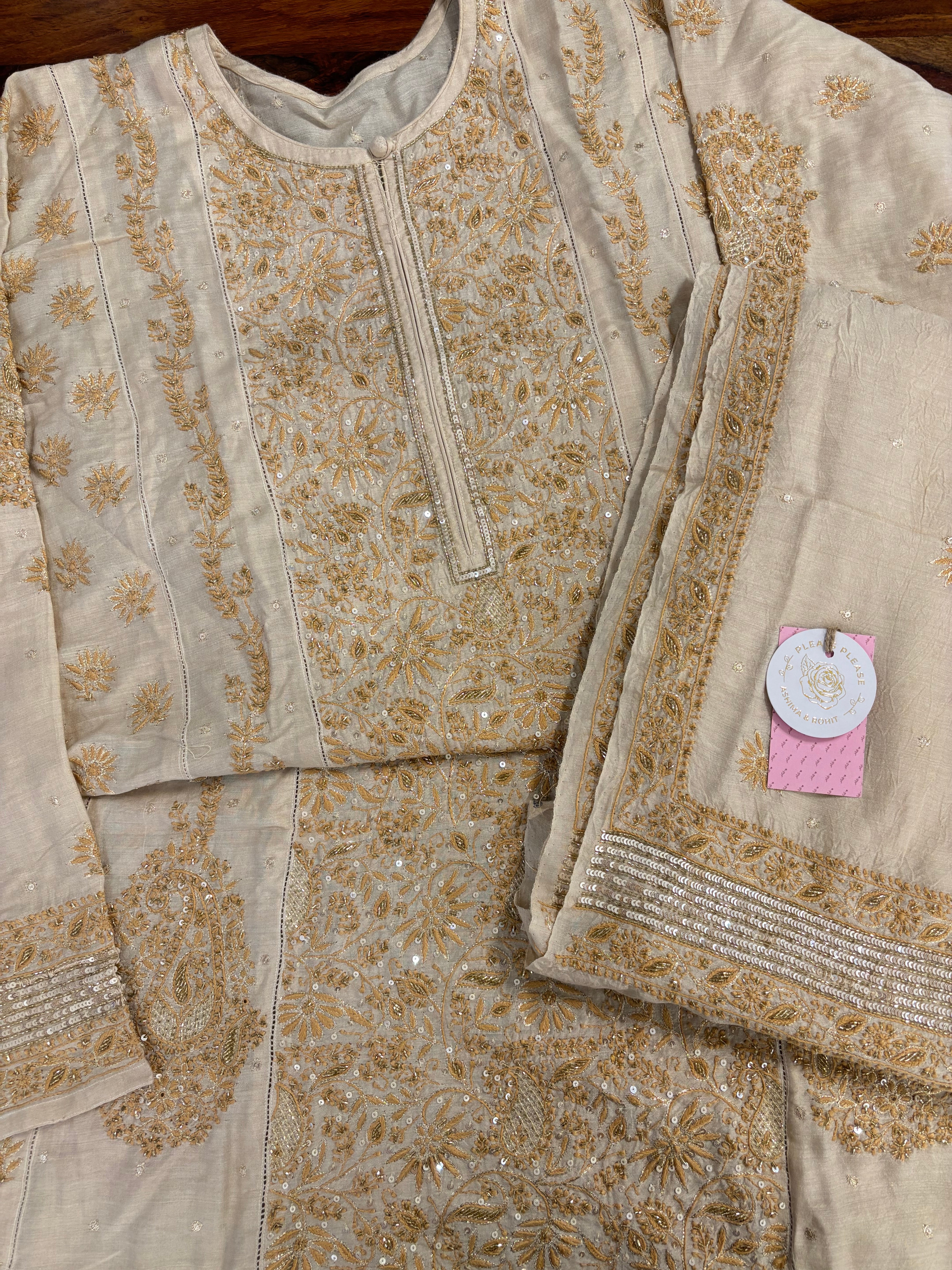 Dyeable Natural Monga Silk Chikankari A-Line Kurta & Dupatta - Pleats PleaseChikankari