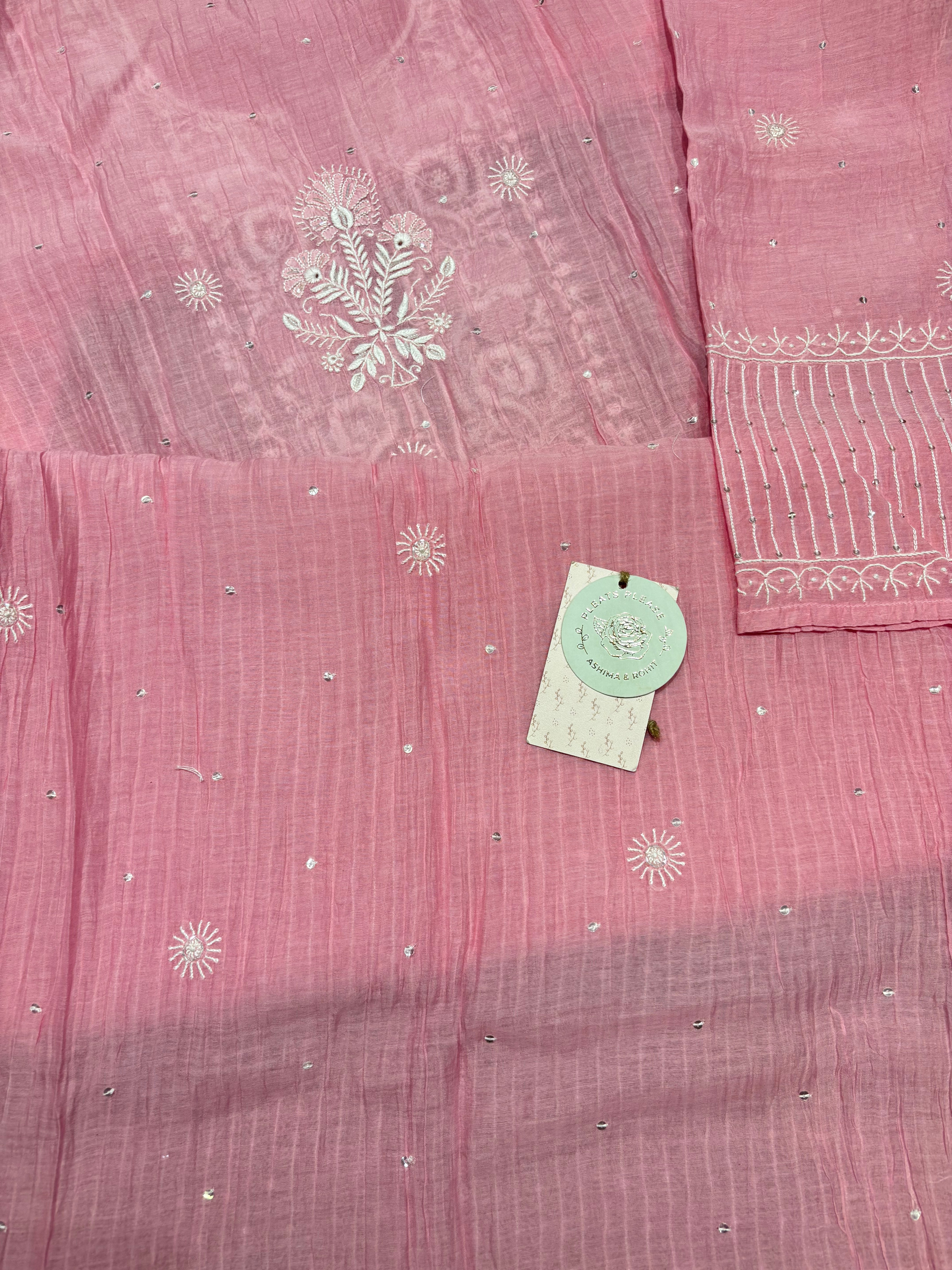 Pink Chanderi Mul Chikankari Kurta and Dupatta Set