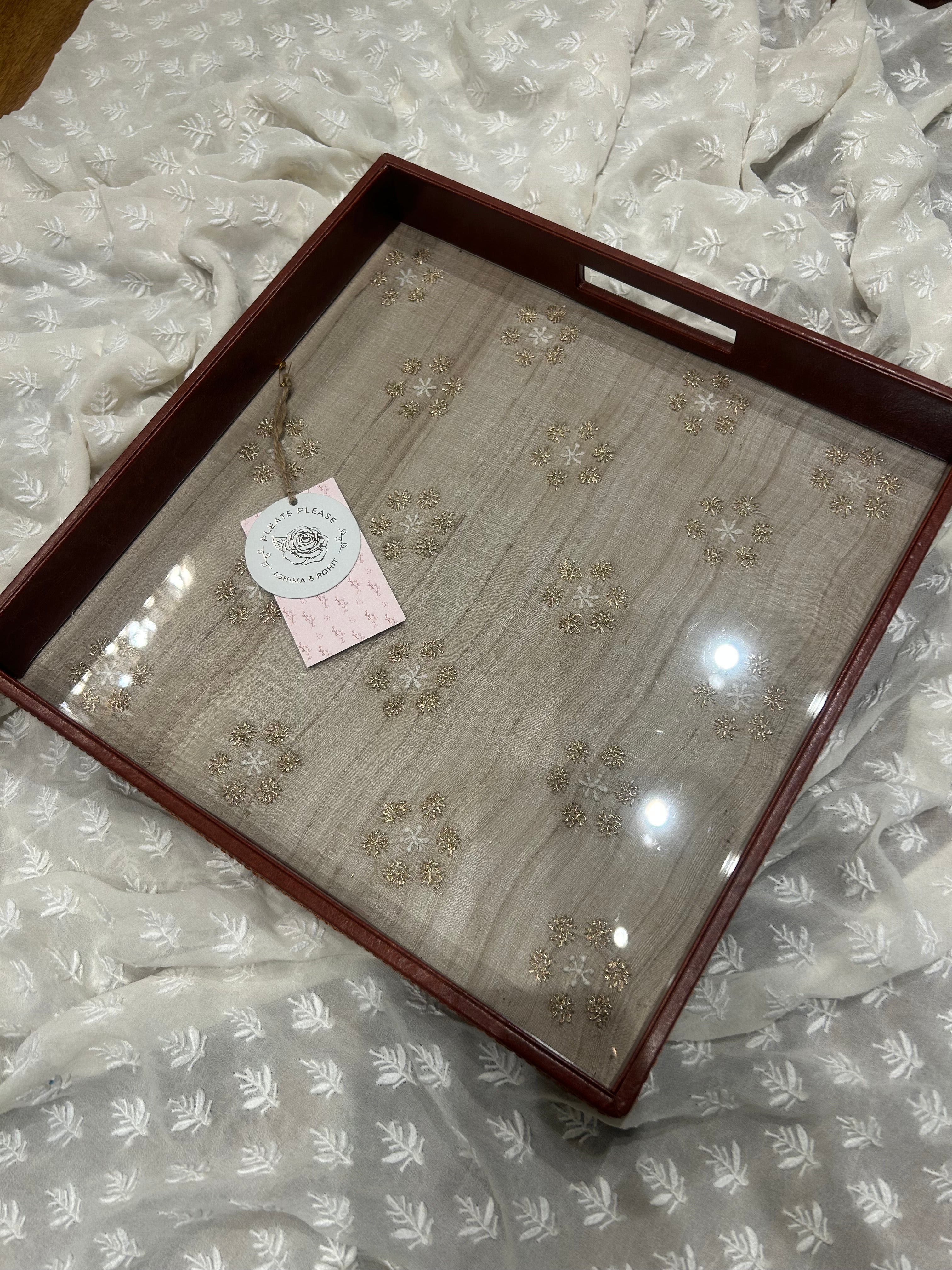 Fawn Silk Square Chikankari Leather Tray