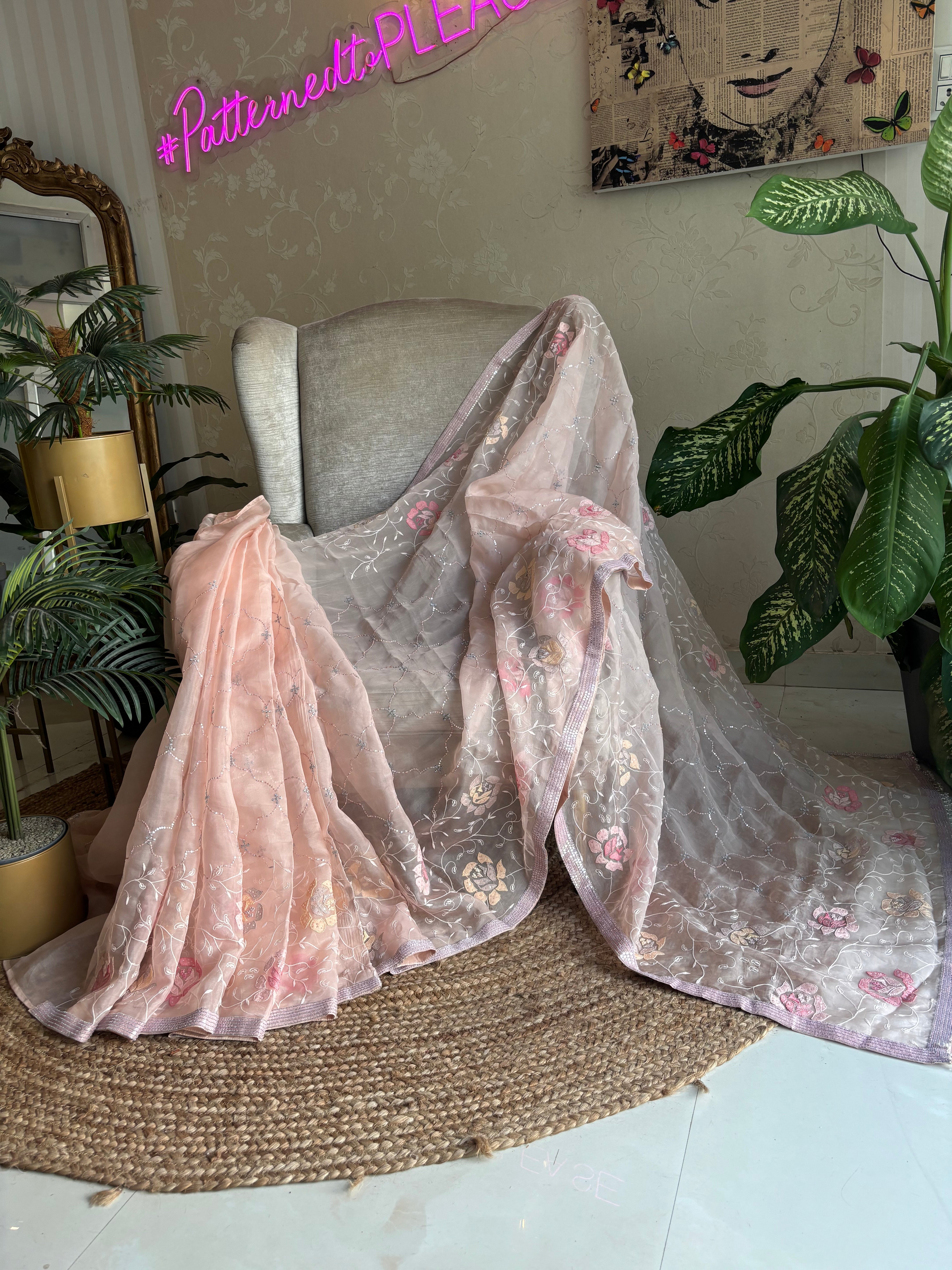 Pale Peach Pure Organza Chikankari Saree with Blouse