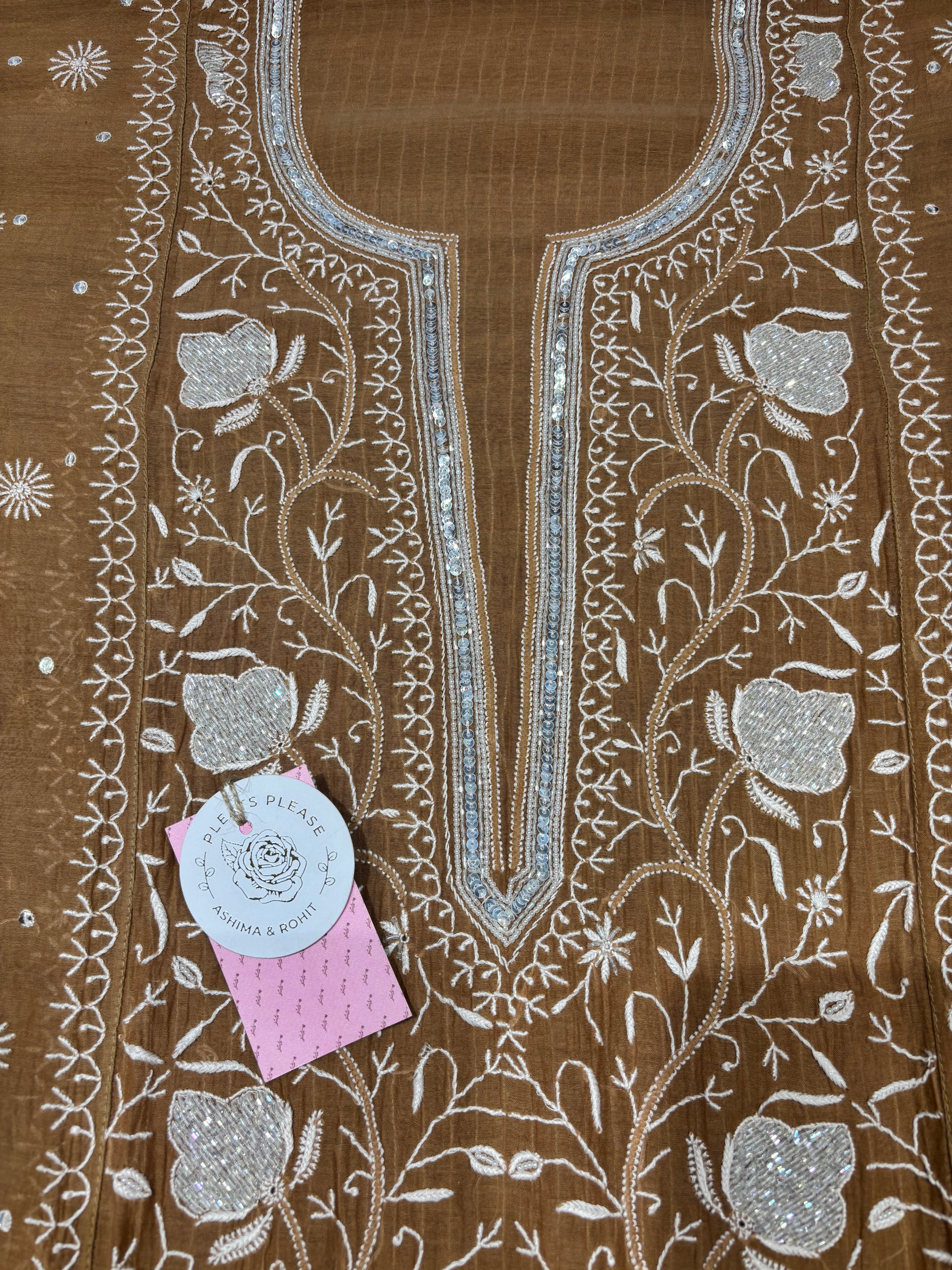 Chocolate Brown Chanderi Mul Chikankari Kurta & Dupatta Set