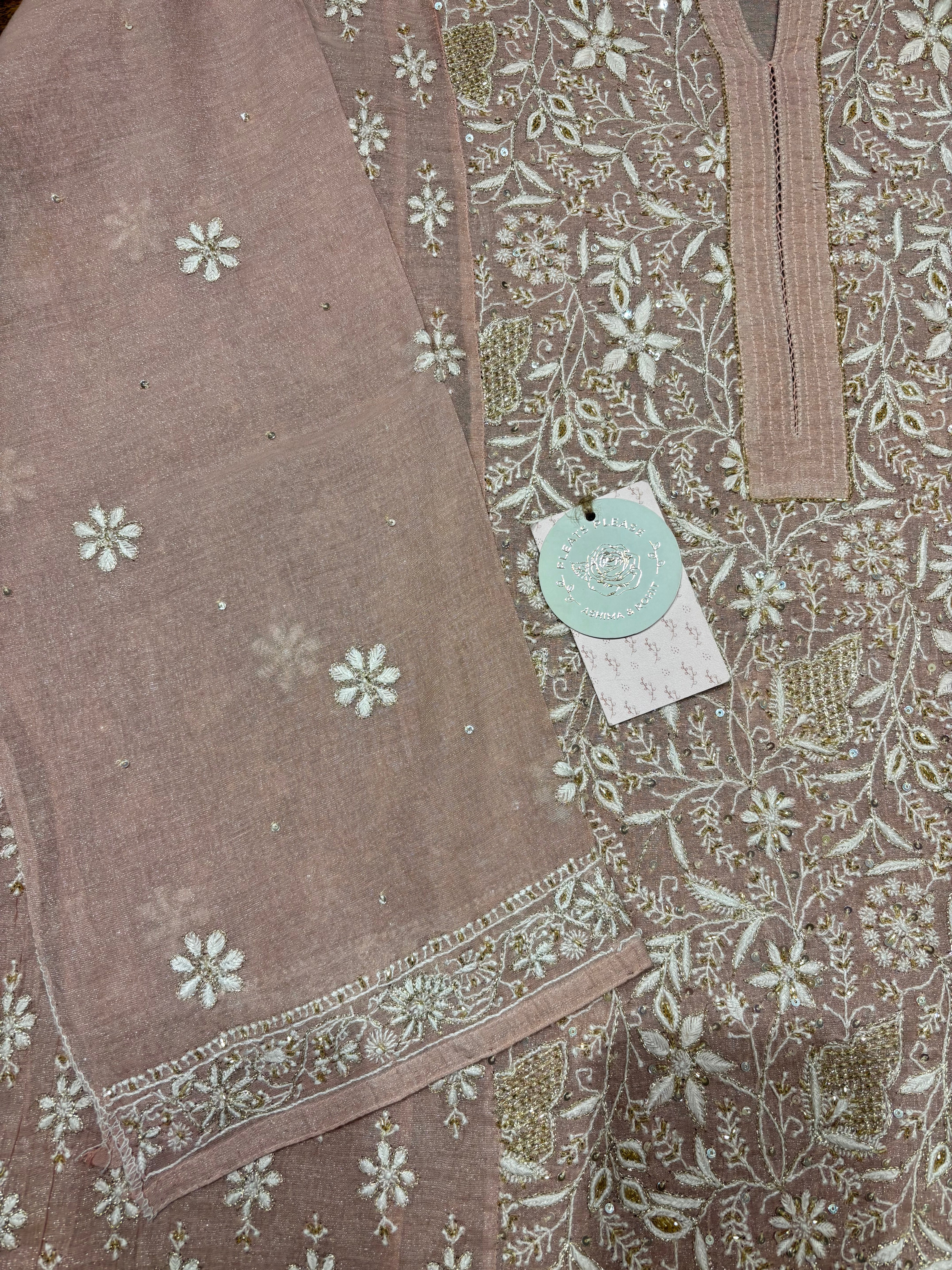 Pink Pure and Premium Silver Tissue Chikankari Kurta and Dupatta Set