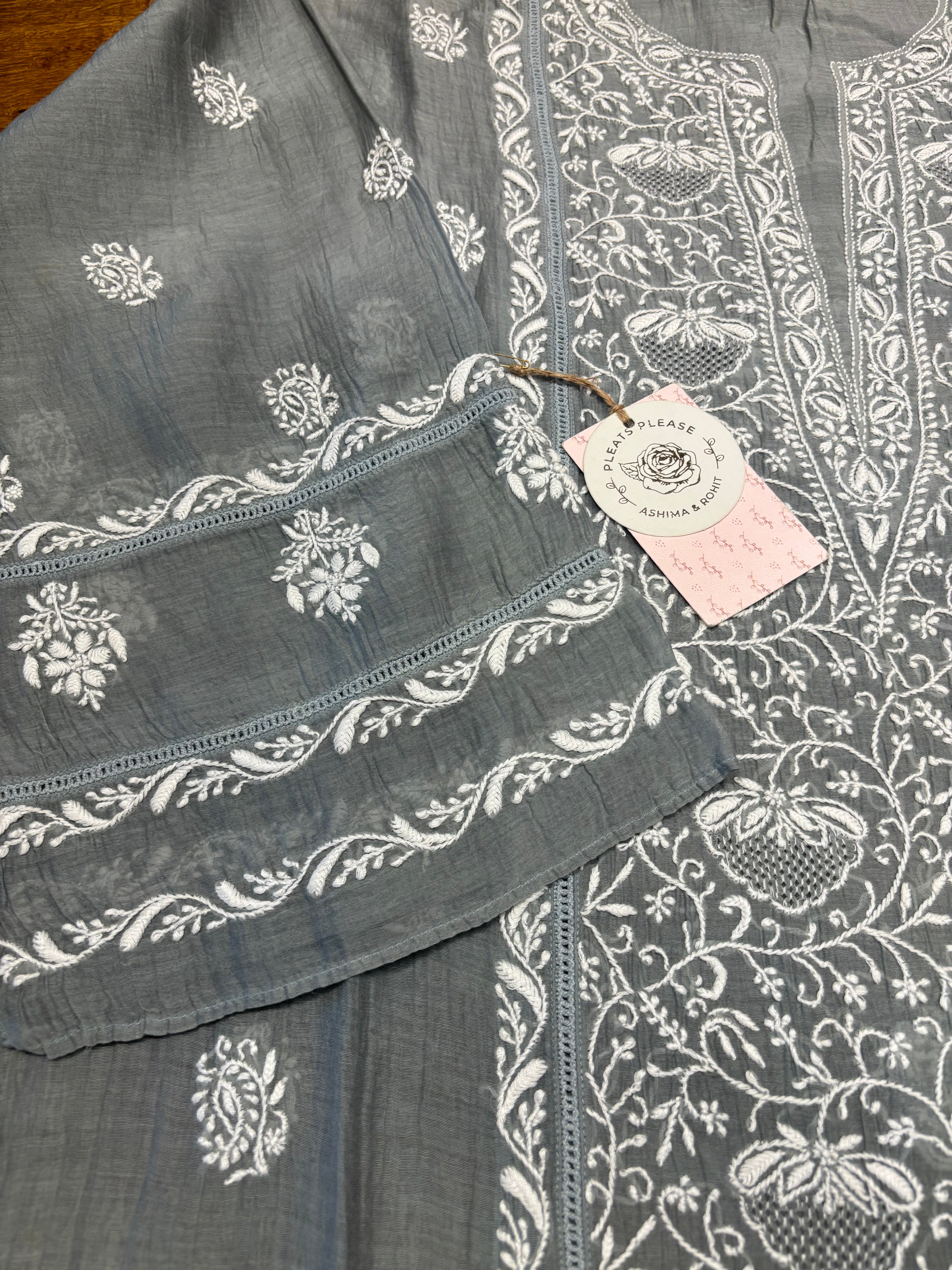 Gray Chanderi Mul Only Chikankari Kurta and Dupatta