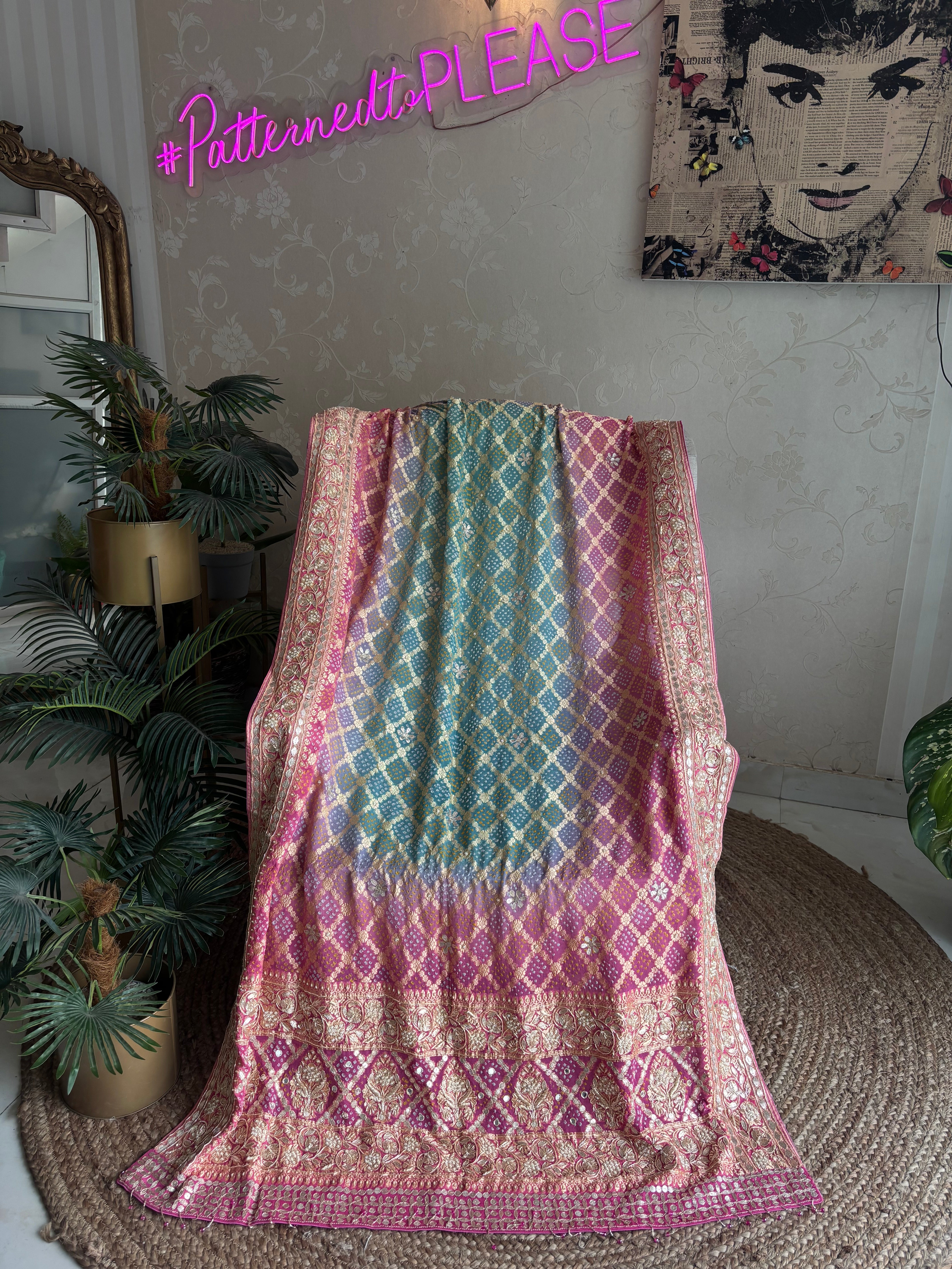 Pink and teal Bandhej Khaddi Georgette Dupatta