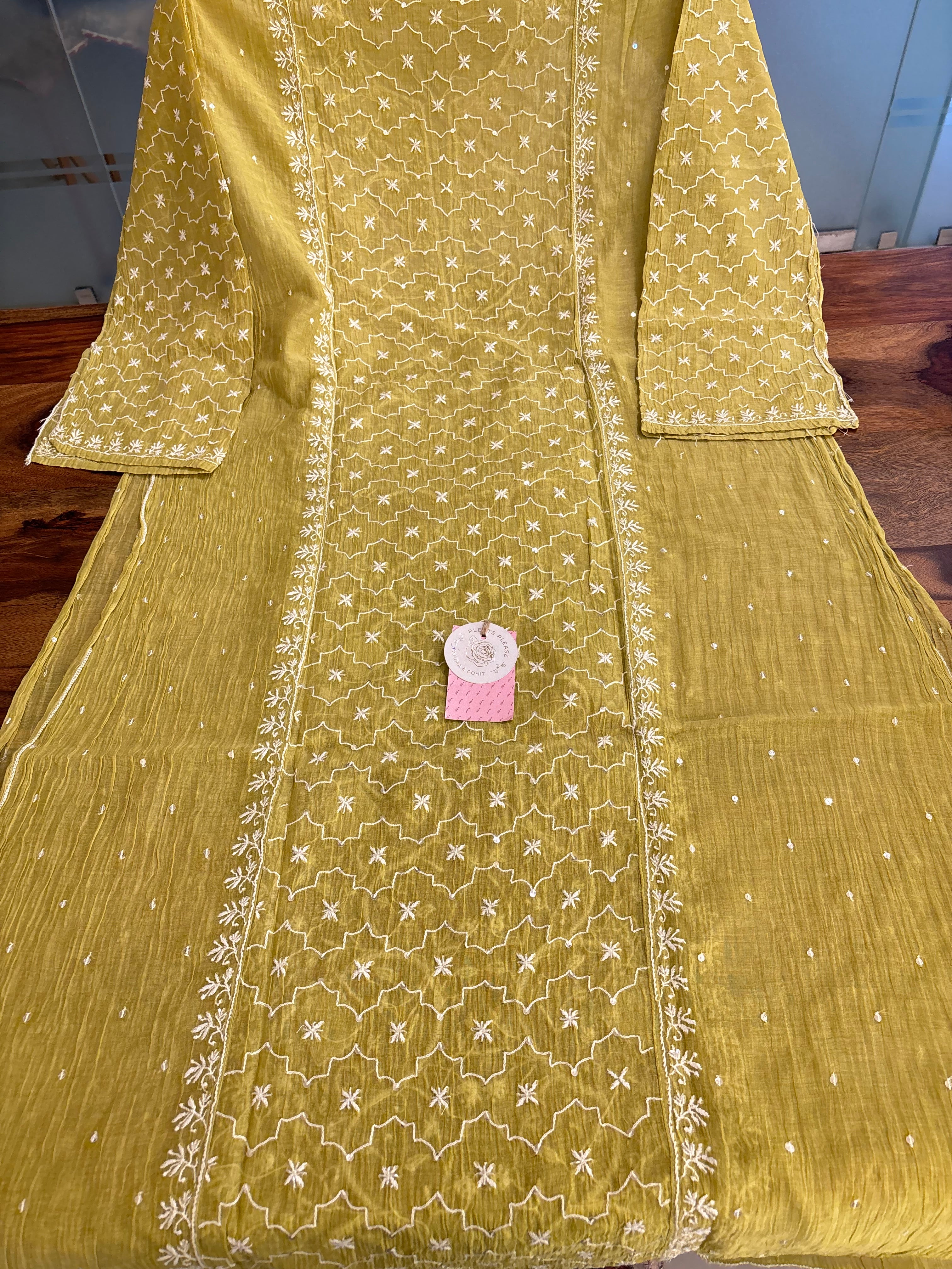 Mustard Yellow Chanderi Chikankari Kurta & Dupatta