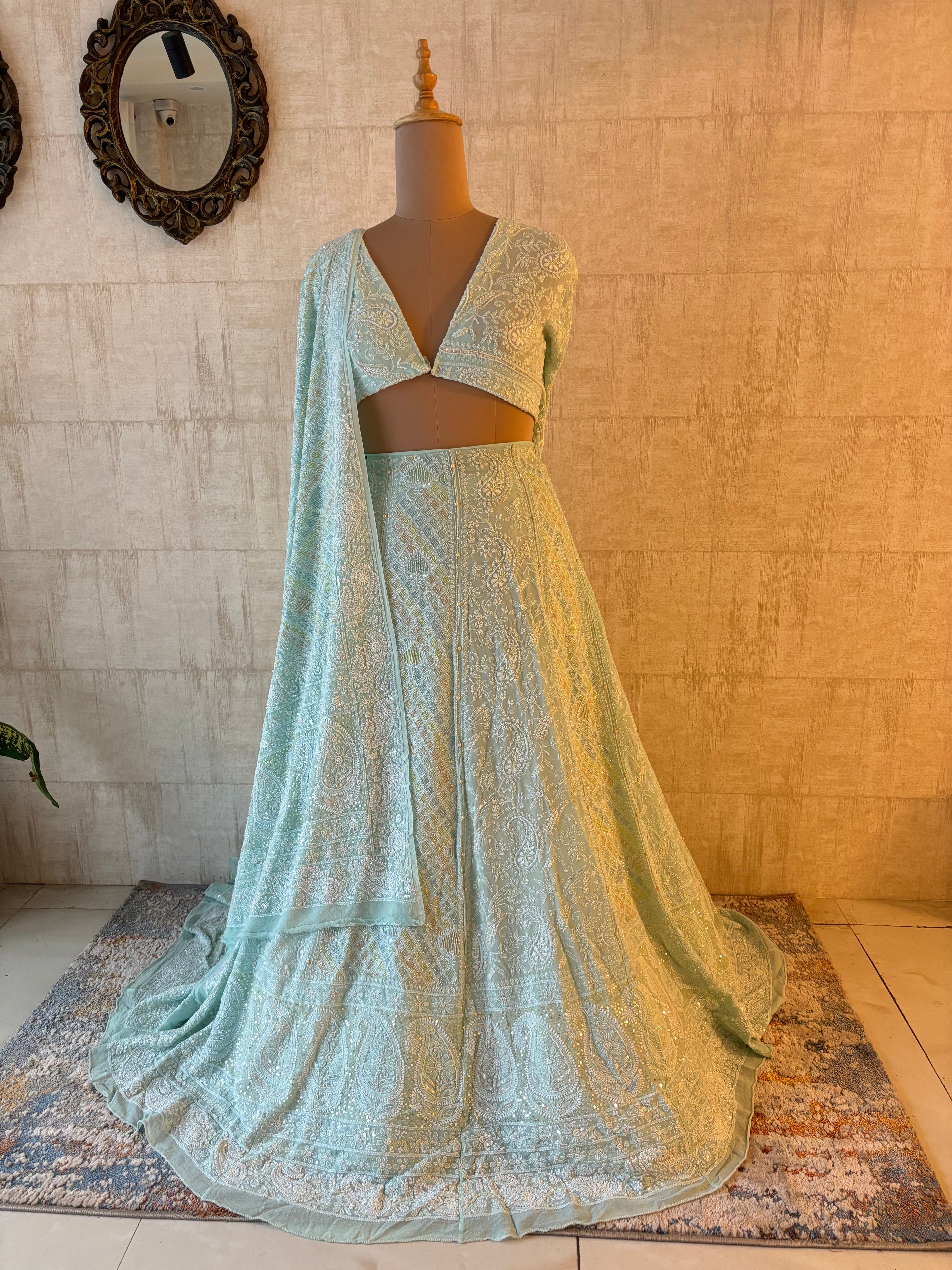 Sea Foam Pure & Premium Georgette Chikankari Lehenga & Dupatta Set