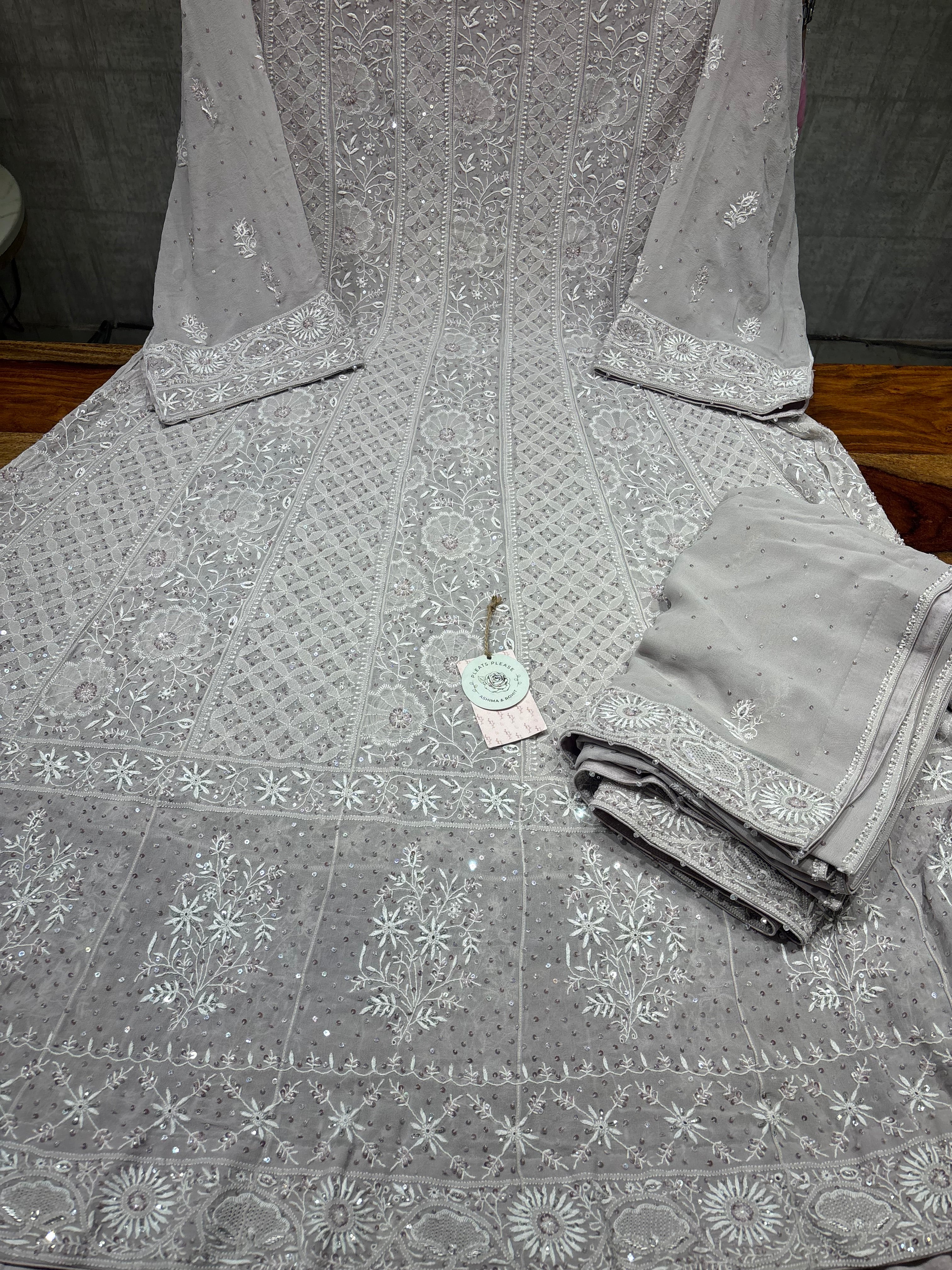 Lavender Latte Pure Georgette Chikankari Anarkali and Dupatta set