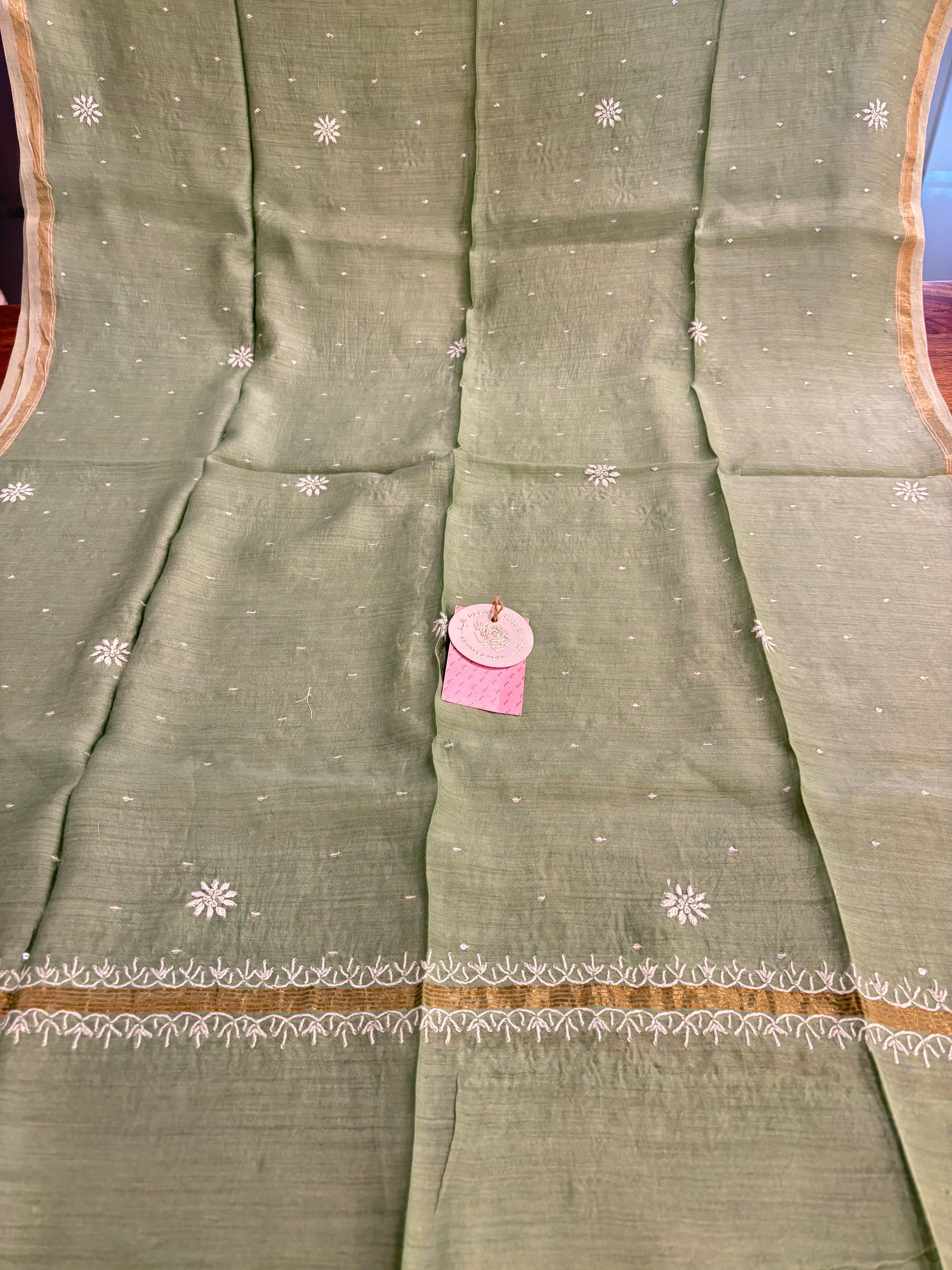 Sage Green Monga Silk Chikankari Kurta & Dupatta