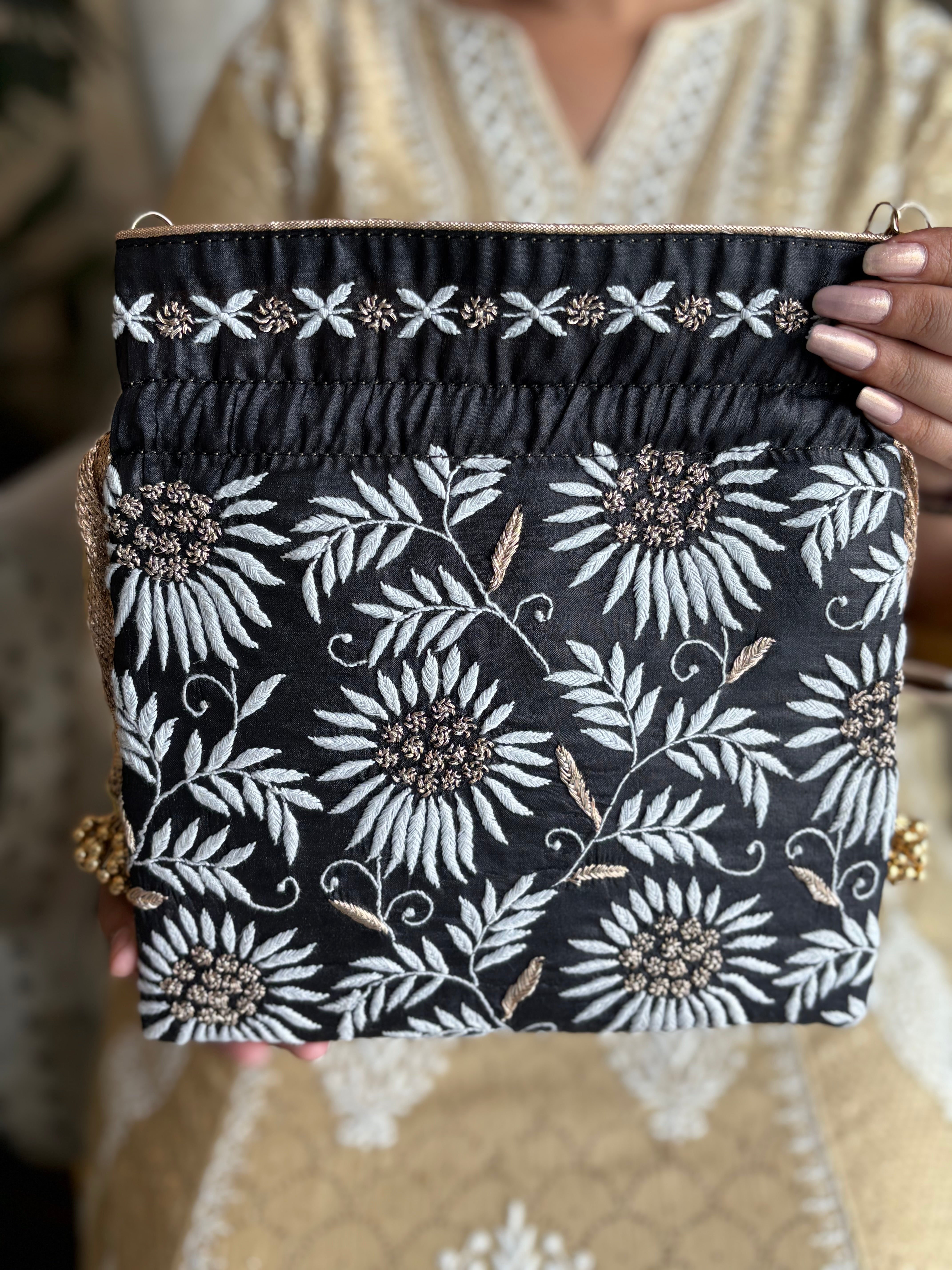Black Silk Chikankari Potli