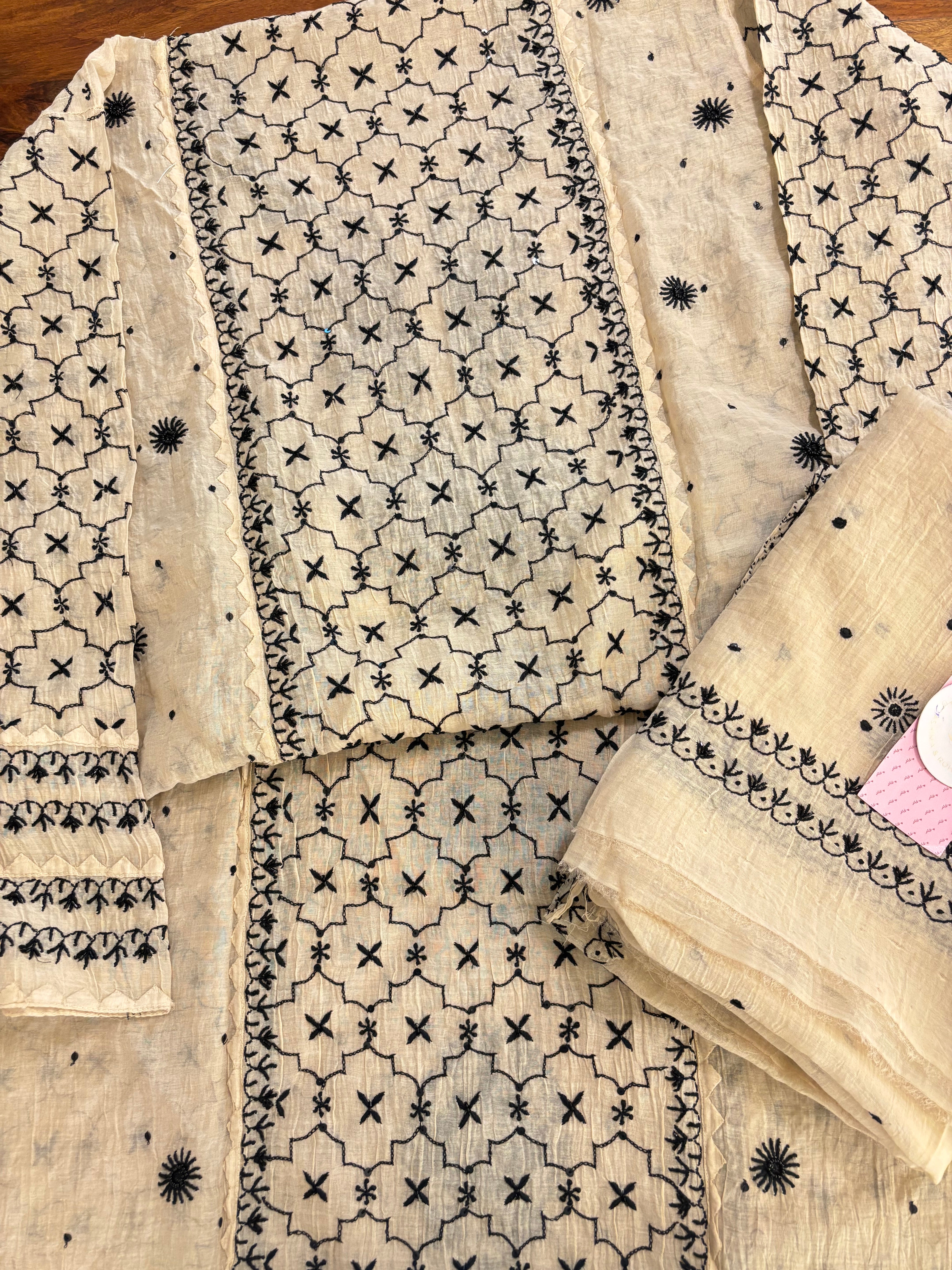 Ivory Cream Chanderi Chikankari Kurta & Dupatta