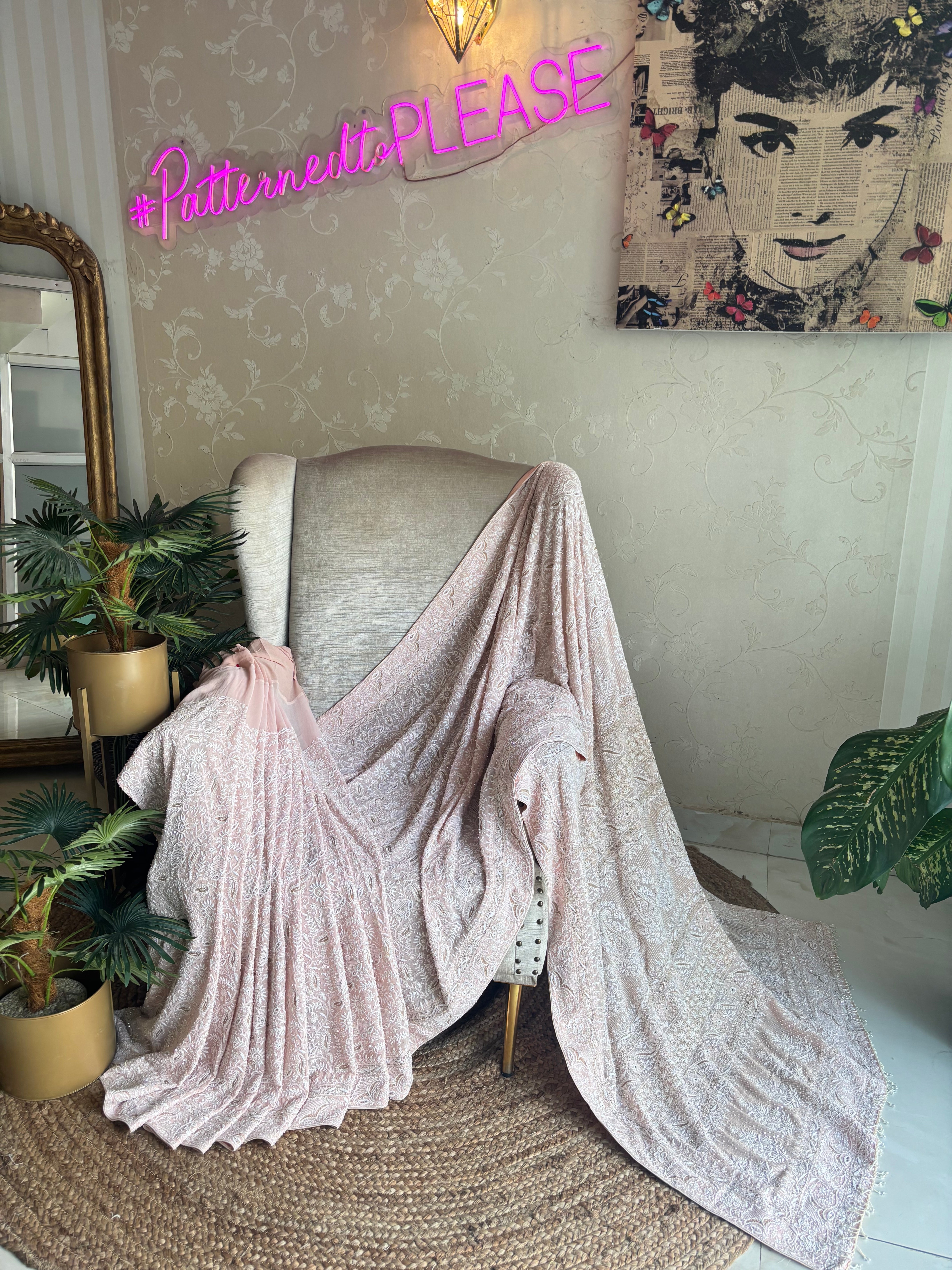 Lilac Pure Georgette Chikankari Saree and Blouse