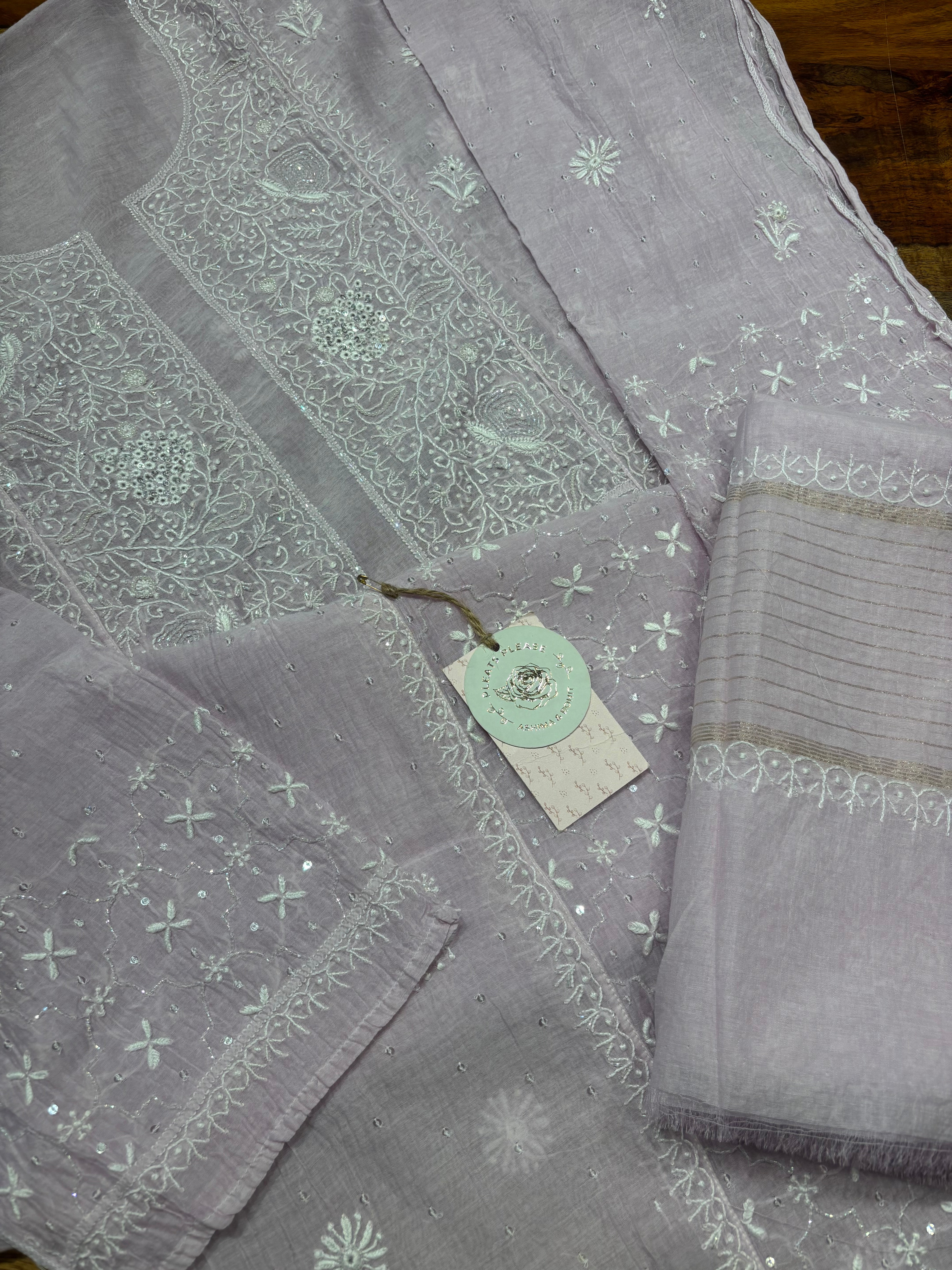 Lilac Chanderi Mul Chikankari Kurta and Dupatta set