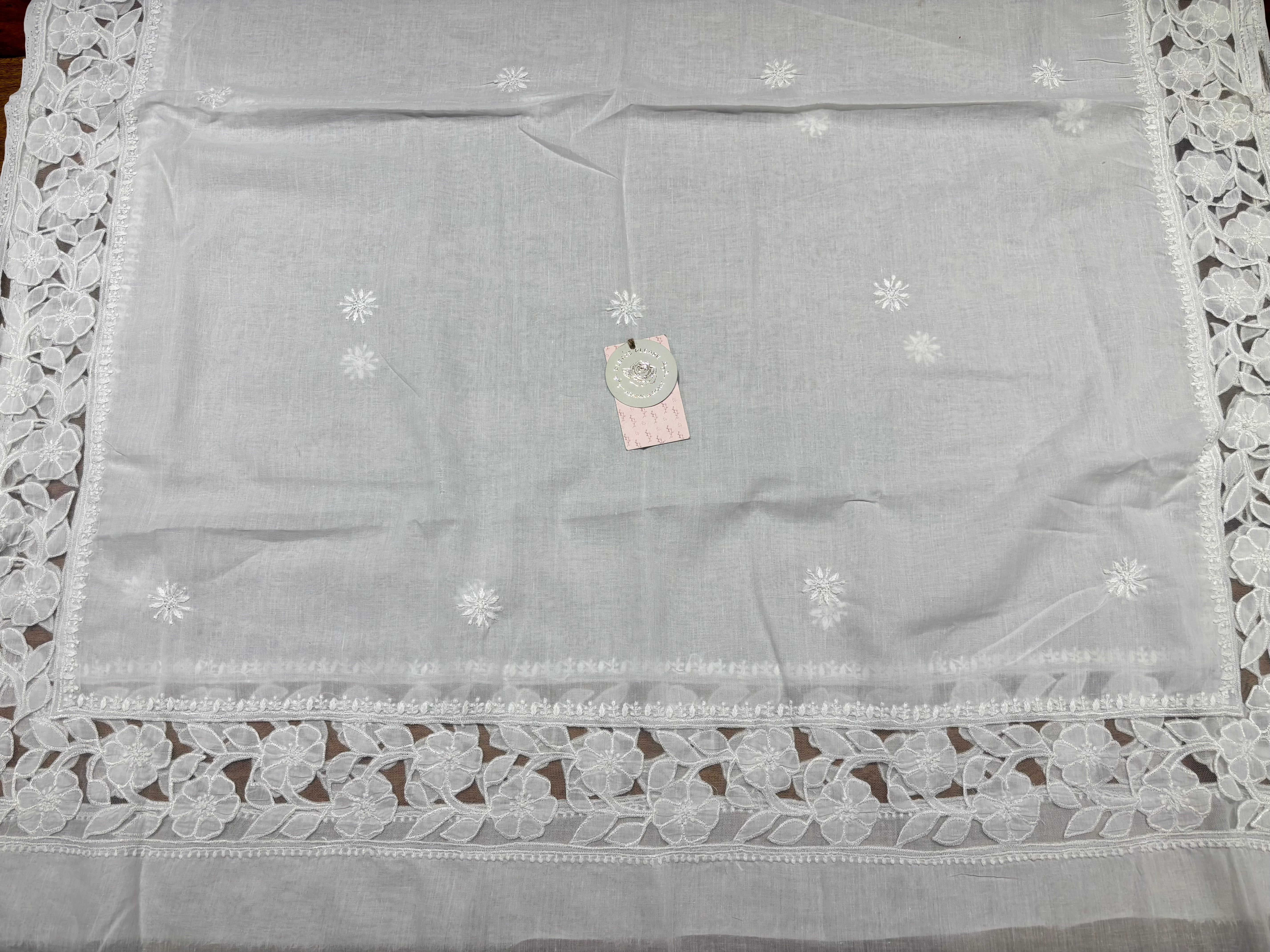 White Mulmul Soft Net Chikankari Applique Kurta And Dupatta Fabric