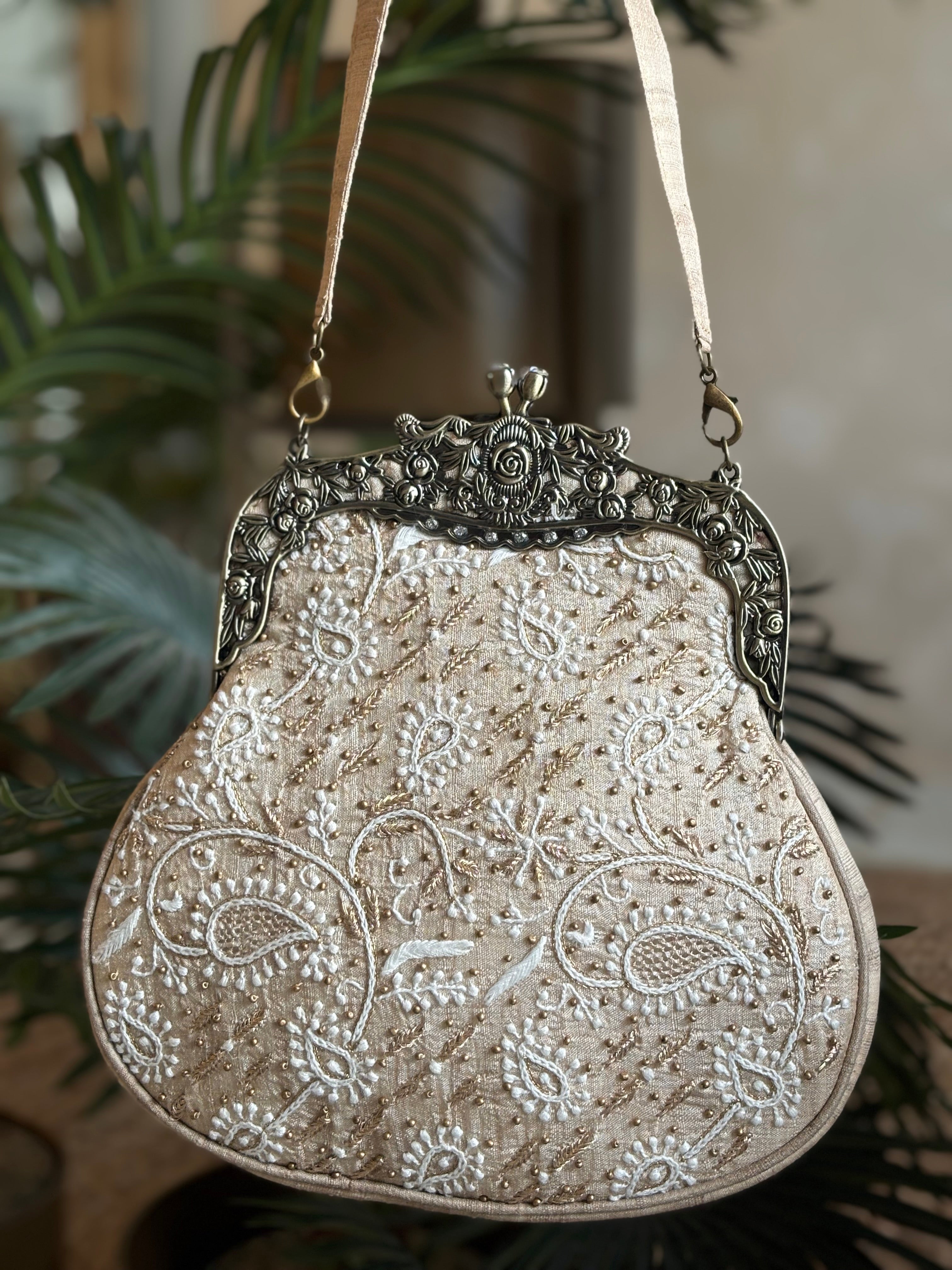 Beige Silk Chikankari Clutch