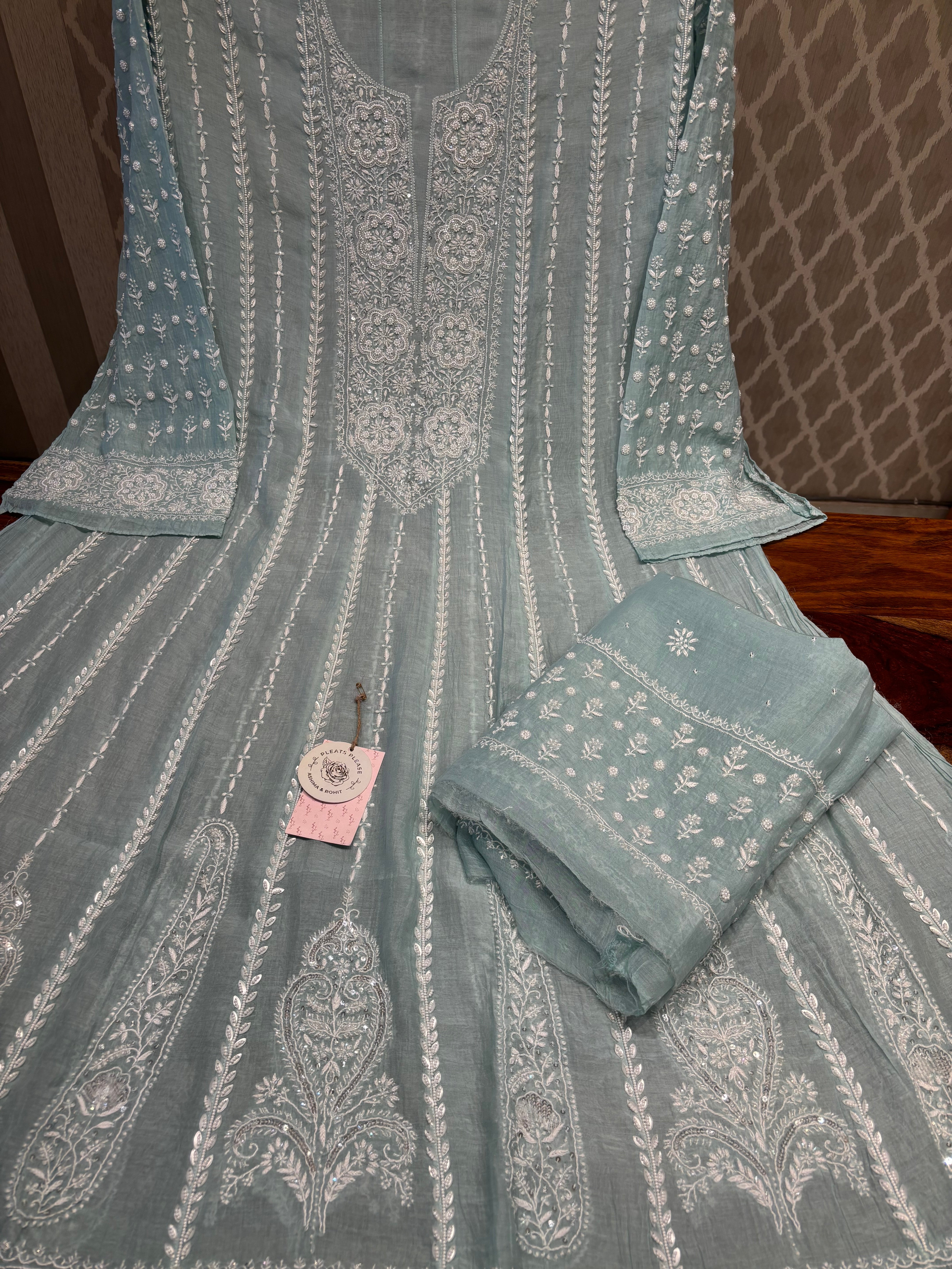 Teal Green Chanderi Mul Chikankari Anarkali Kurta and Dupatta