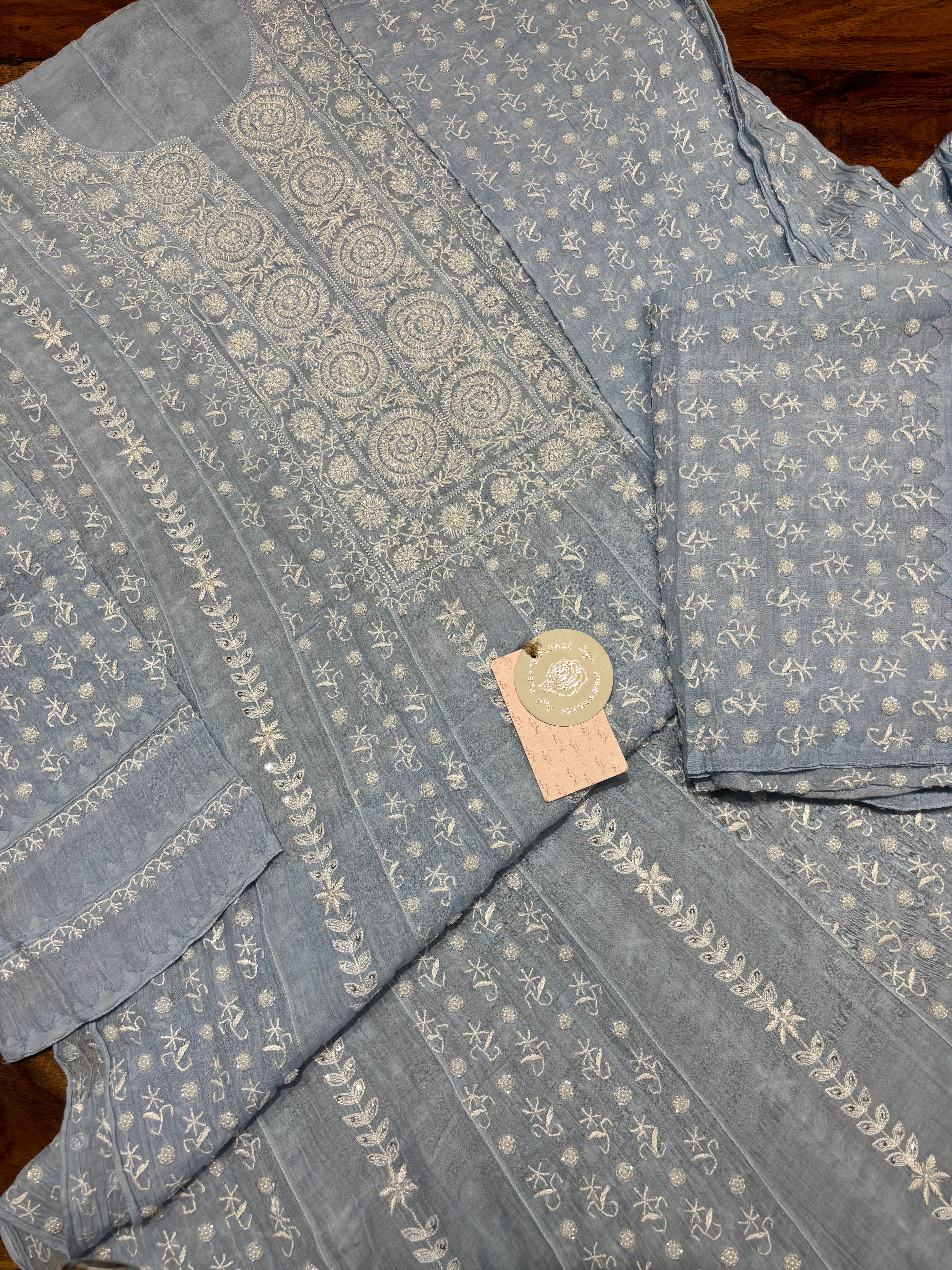 Powder Blue Chanderi Mul Chikankari Anarkali & Dupatta Set