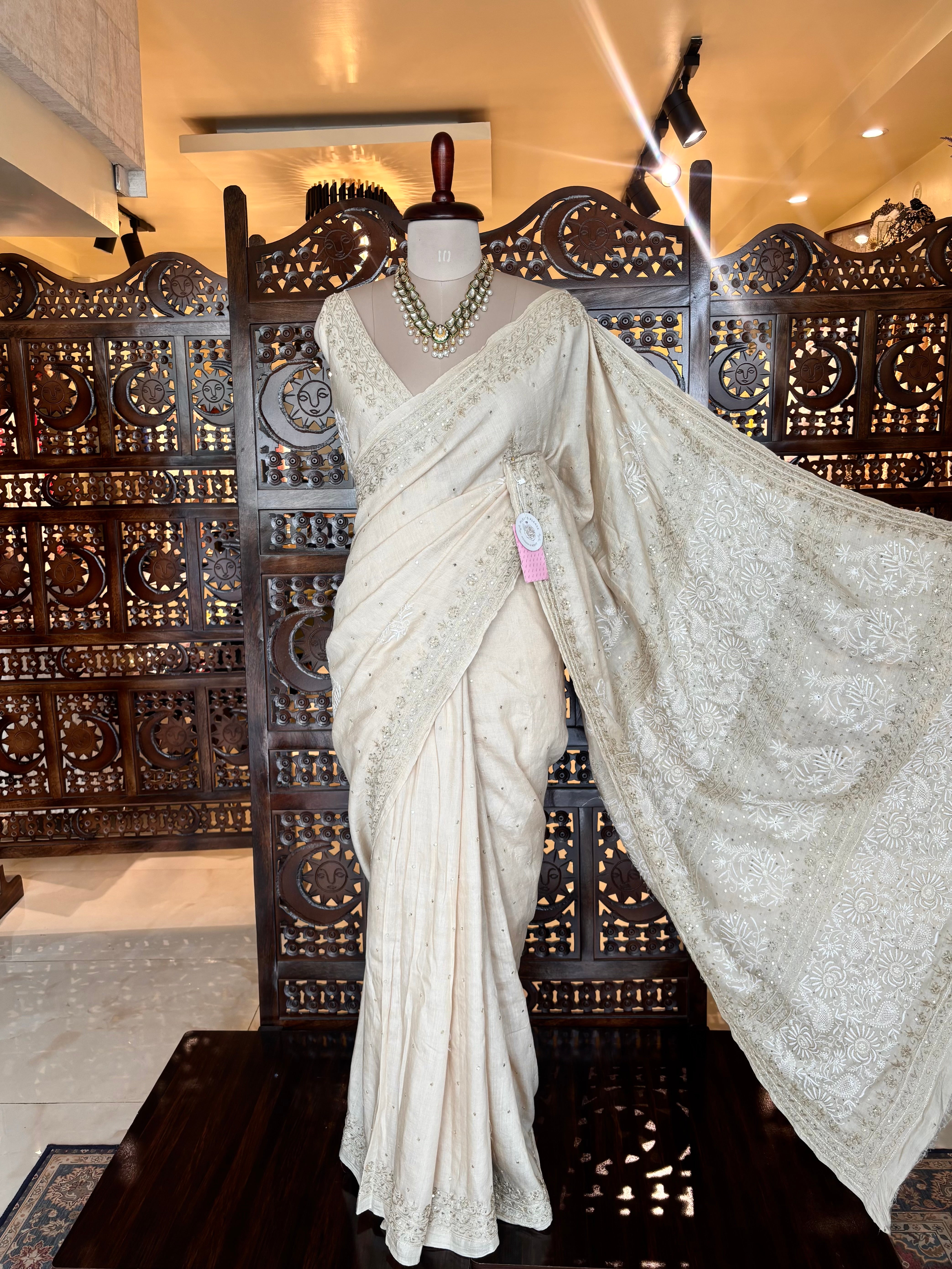 Dyeable Monga Silk Chikankari Saree