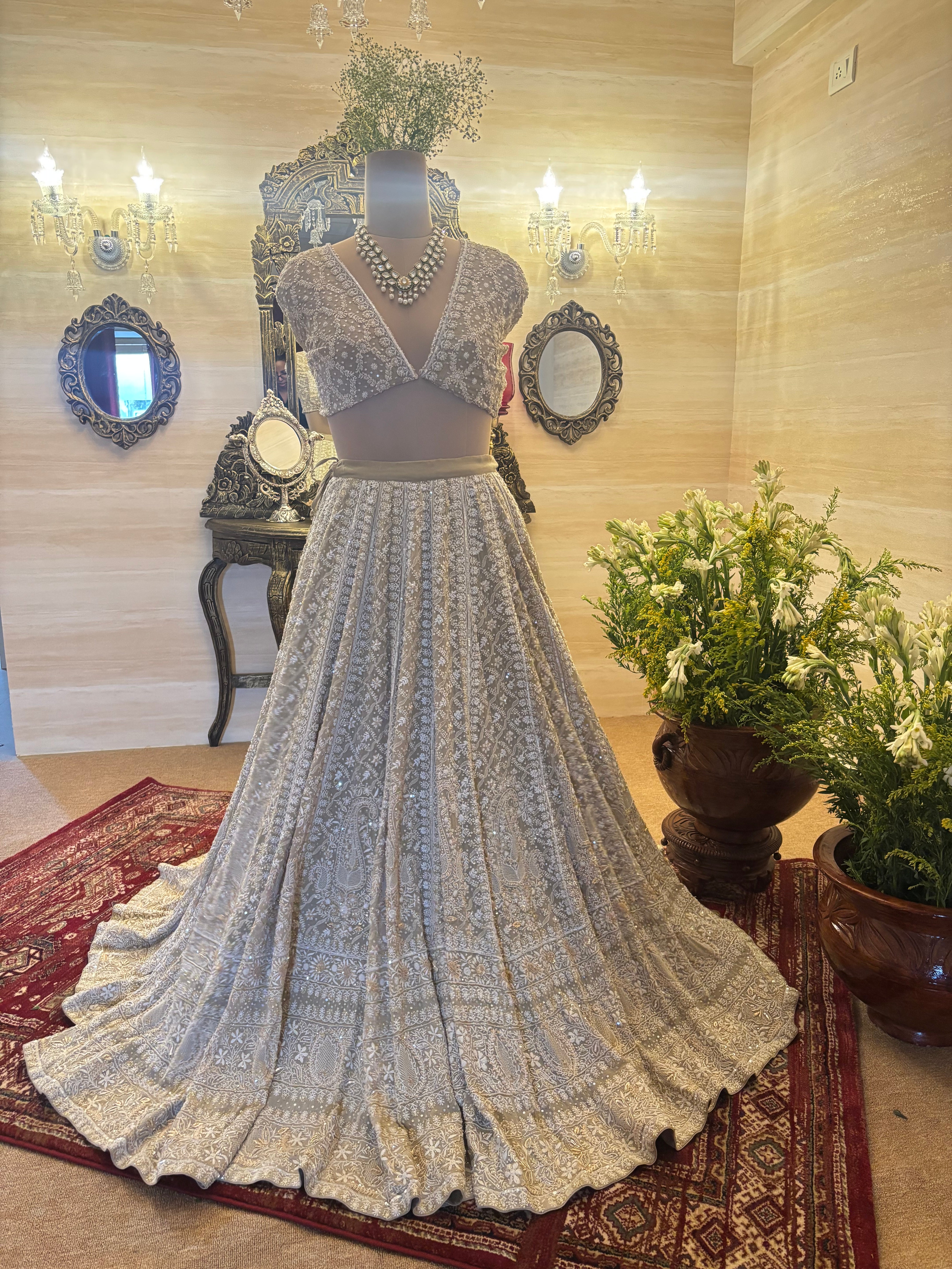 Brown Pure & Premium Georgette Chikankari Lehenga Set