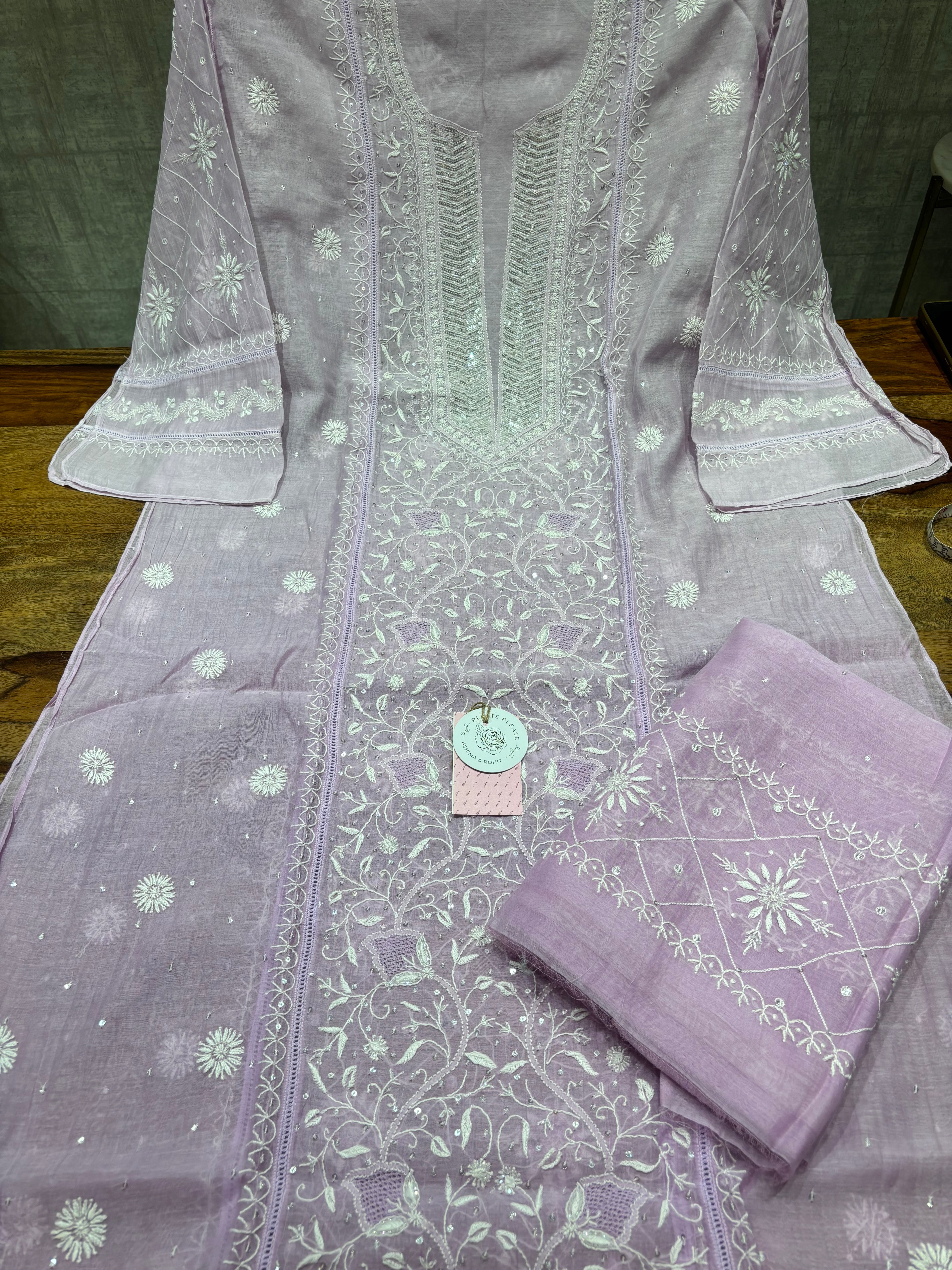 Lilac Ombre Chanderi Mul Chikankari Kurta & Dupatta Set