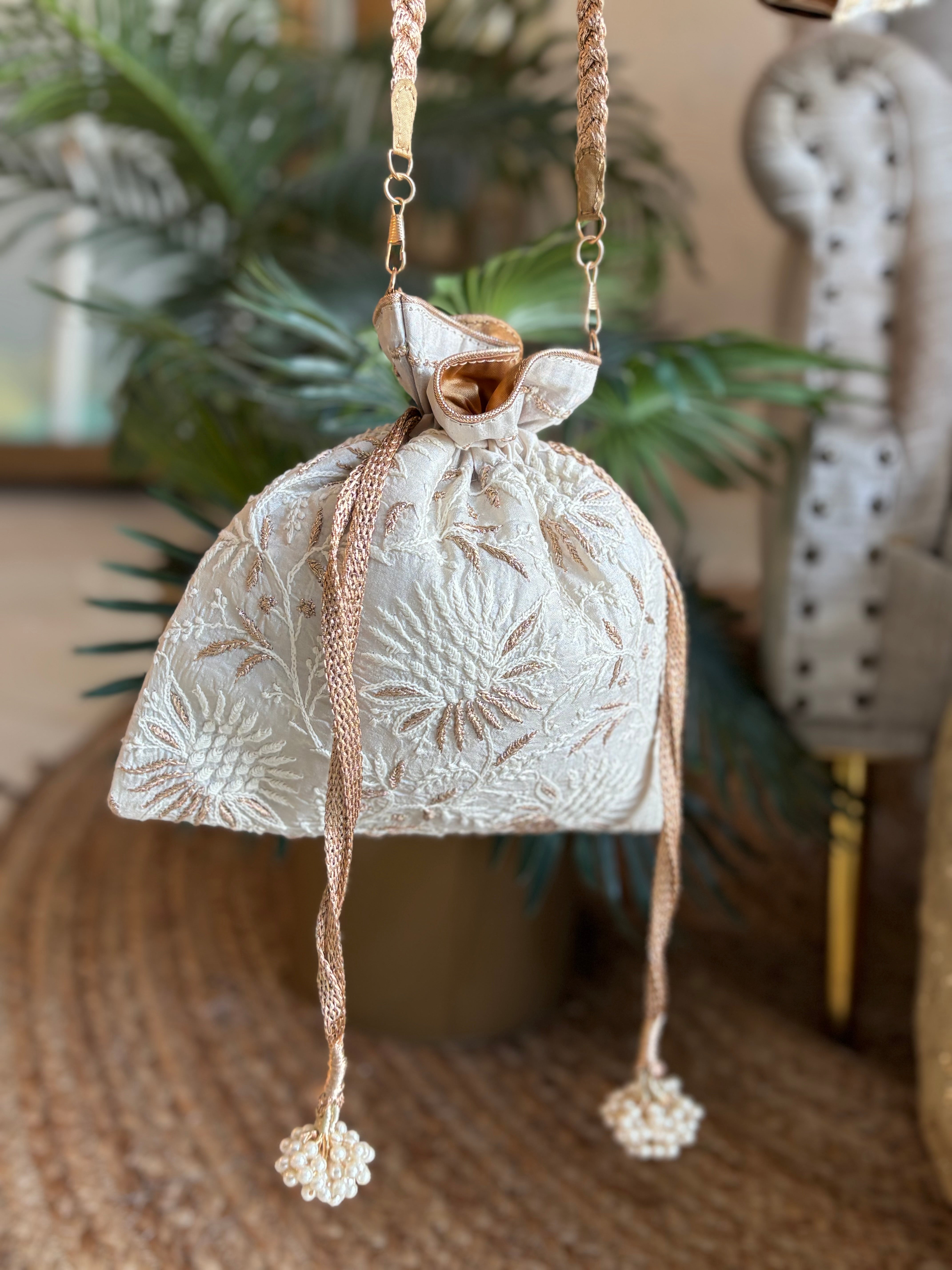 Ivory Silk Chikankari Potli