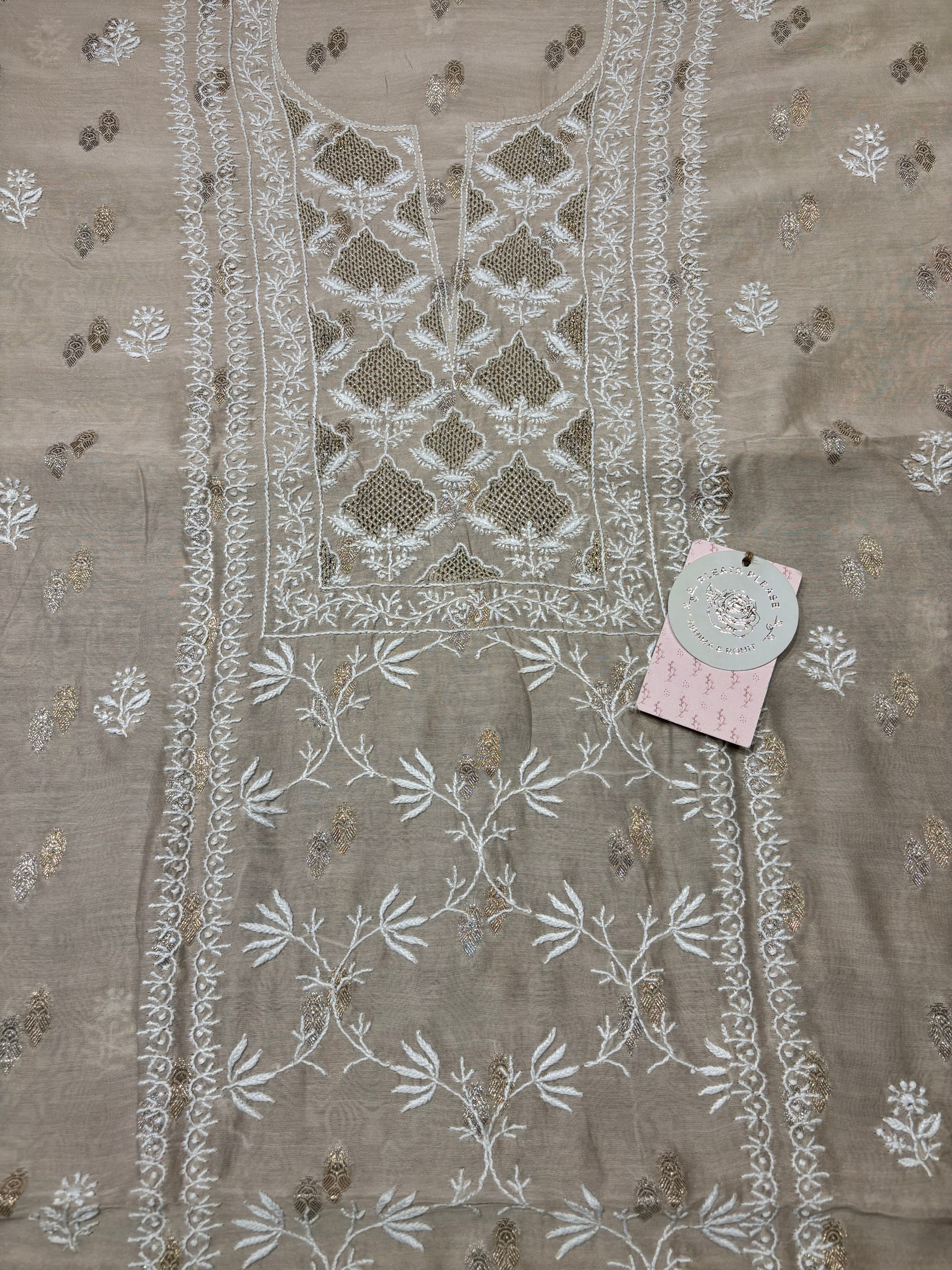 Coffee Creme Chanderi Silk Chikankari Kurta And Dupatta Fabric