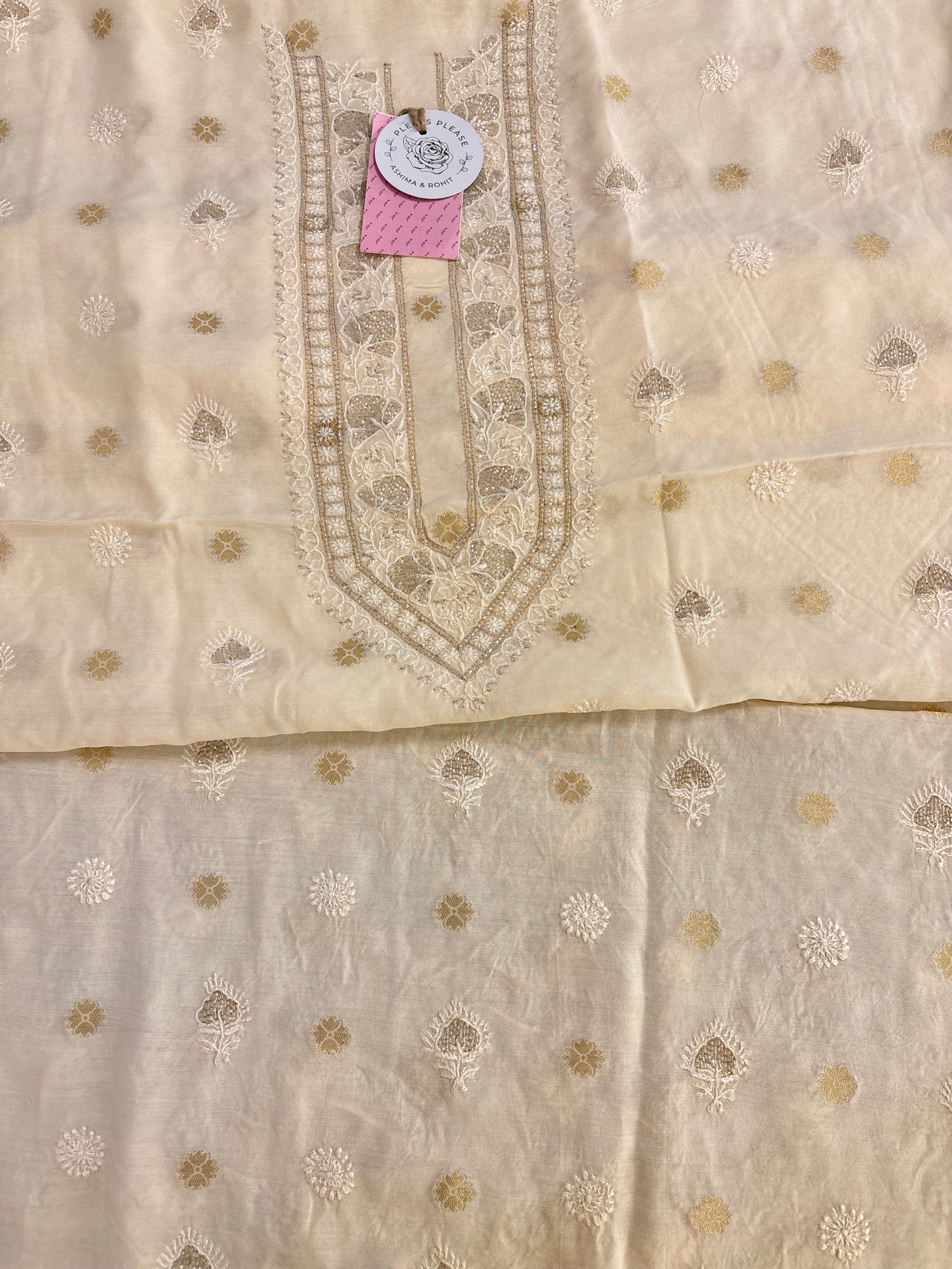 Cream Chanderi Chikankari Banarasi Boota Men’s Kurta