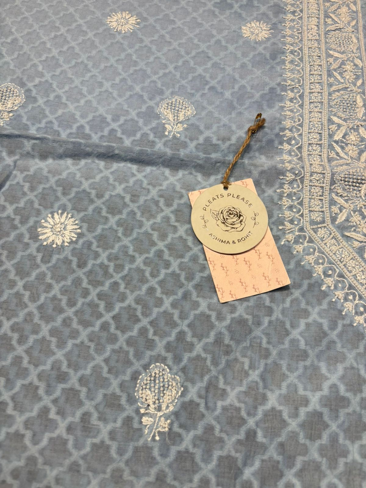 Powder Blue Chanderi Silk Chikankari Men’s Kurta Fabric