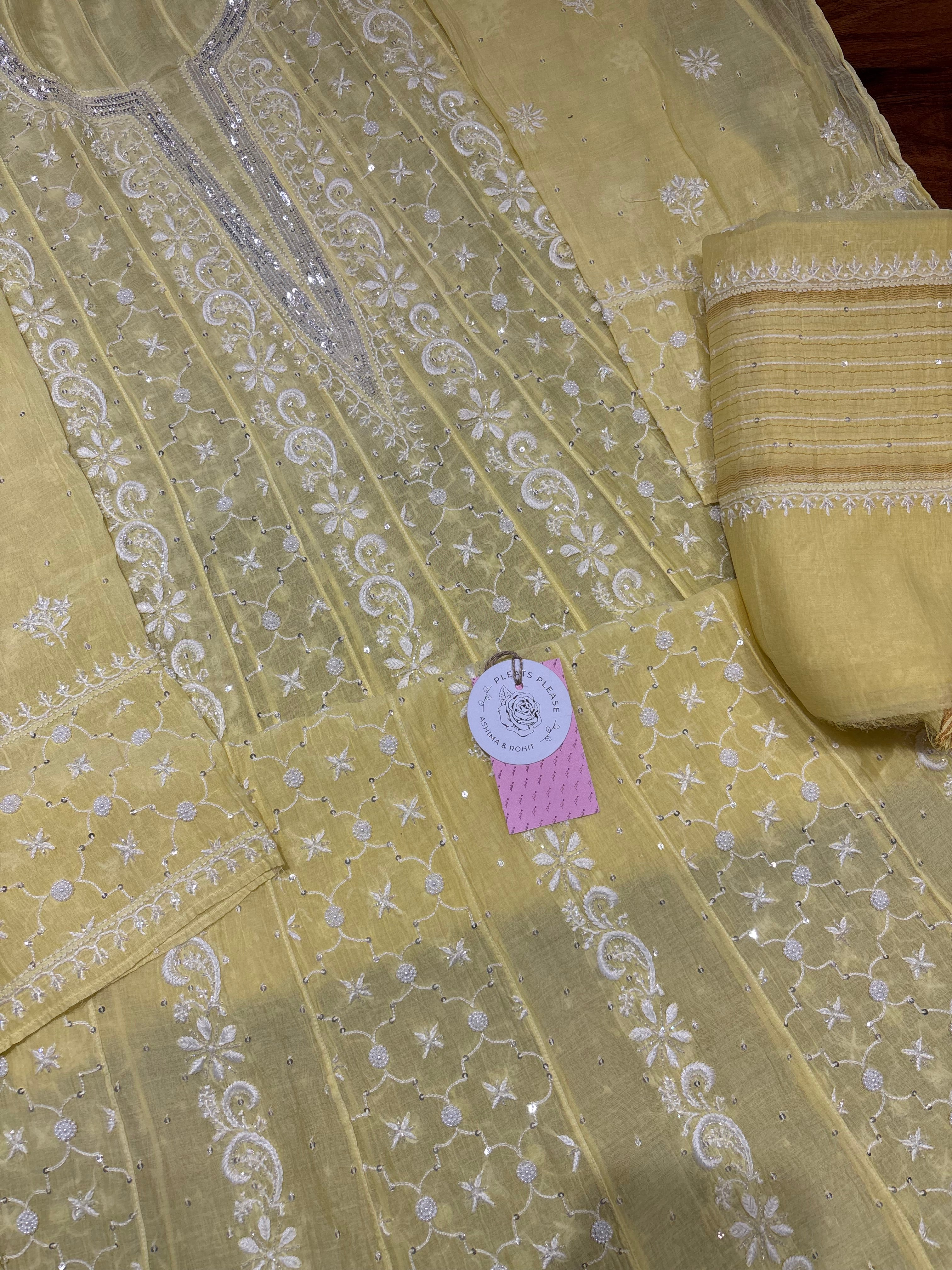 Yellow Chanderi Mul Chikankari Anarkali and Dupatta Set