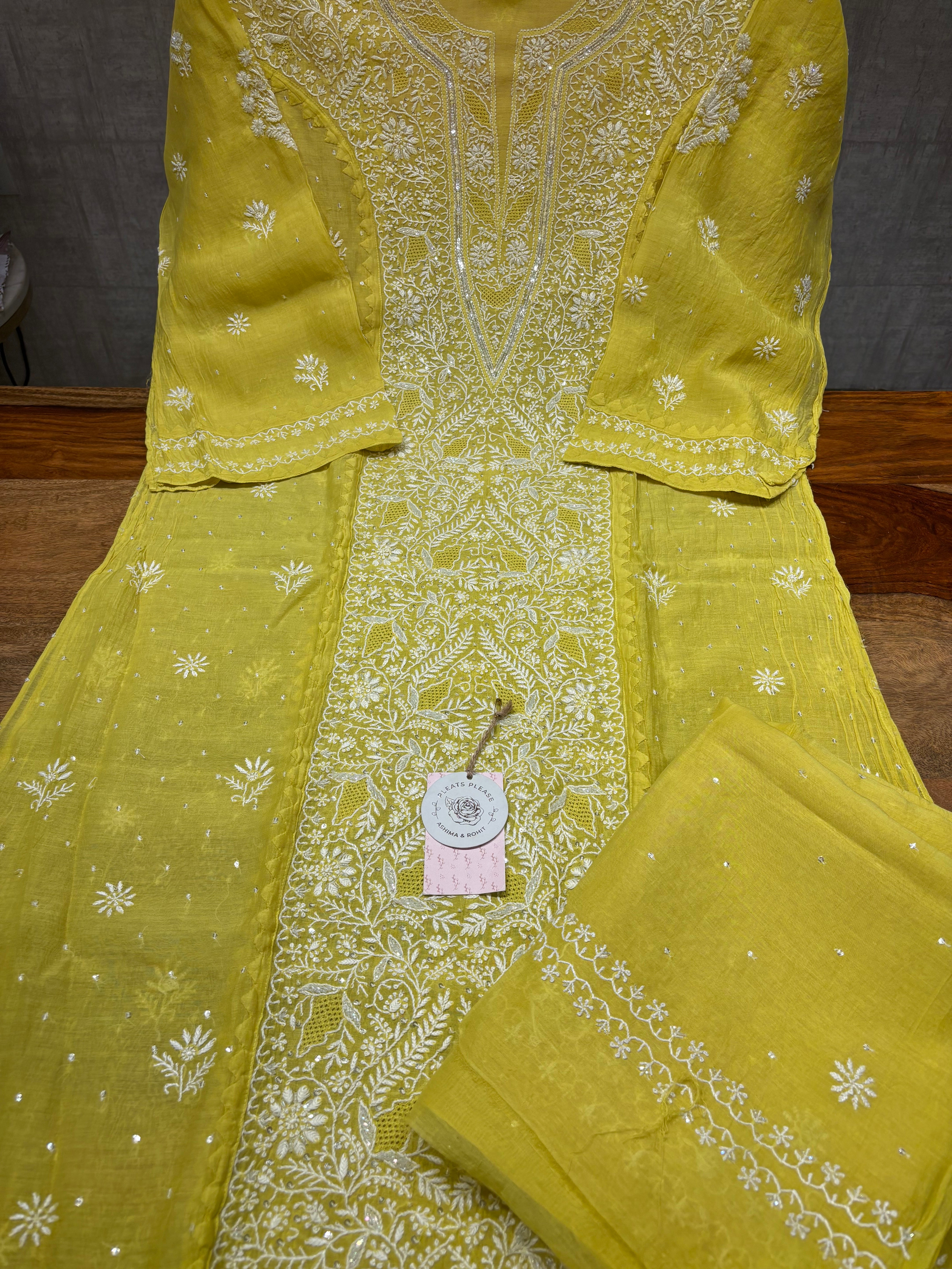 Lime Yellow Chanderi Mul Chikankari Kurta and Dupatta set