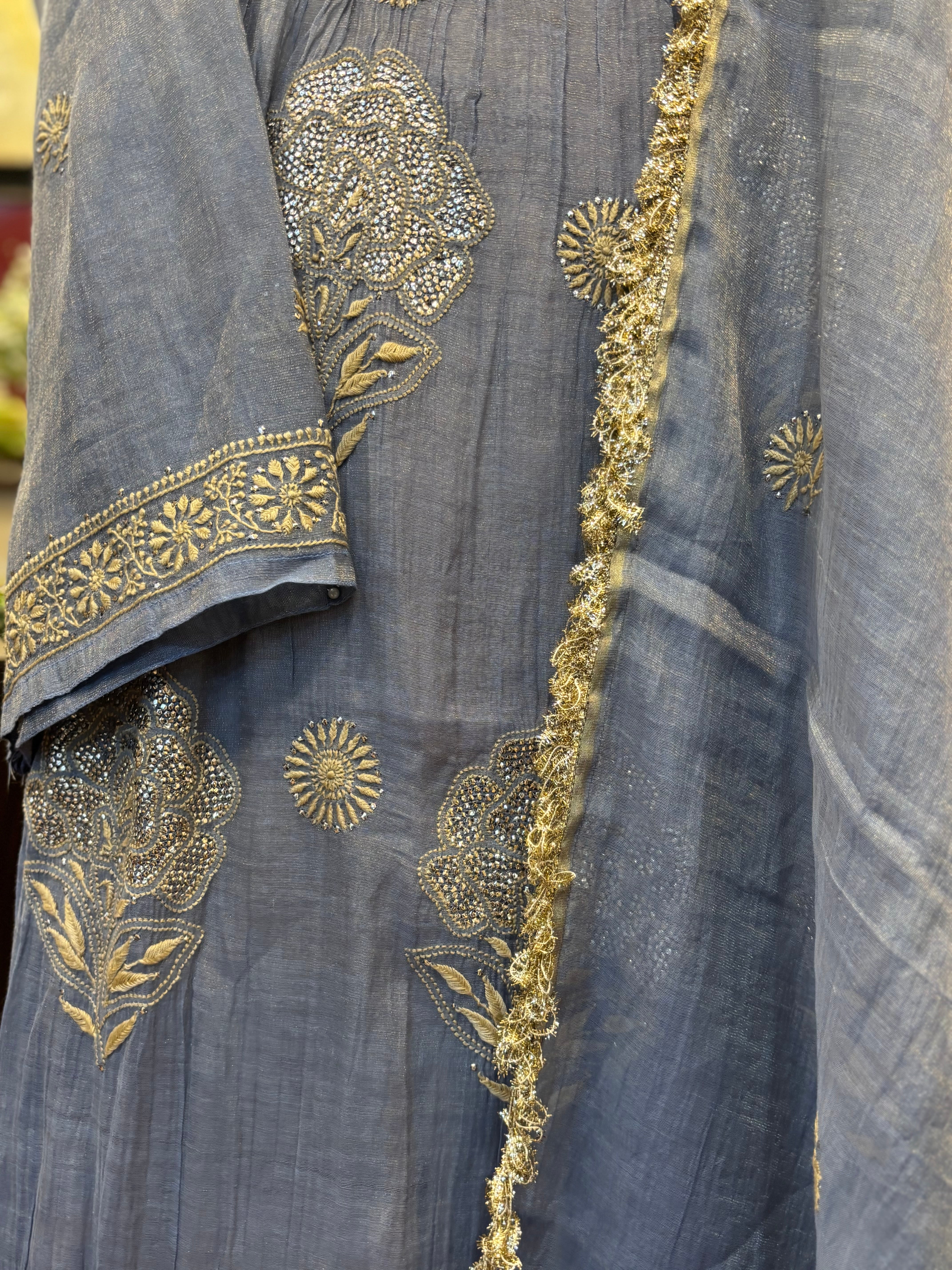Blue Pure and Premium Tissue Chikankari & Mukaish Angrakha Kurta and Dupatta Set - Pleats PleaseChikankari