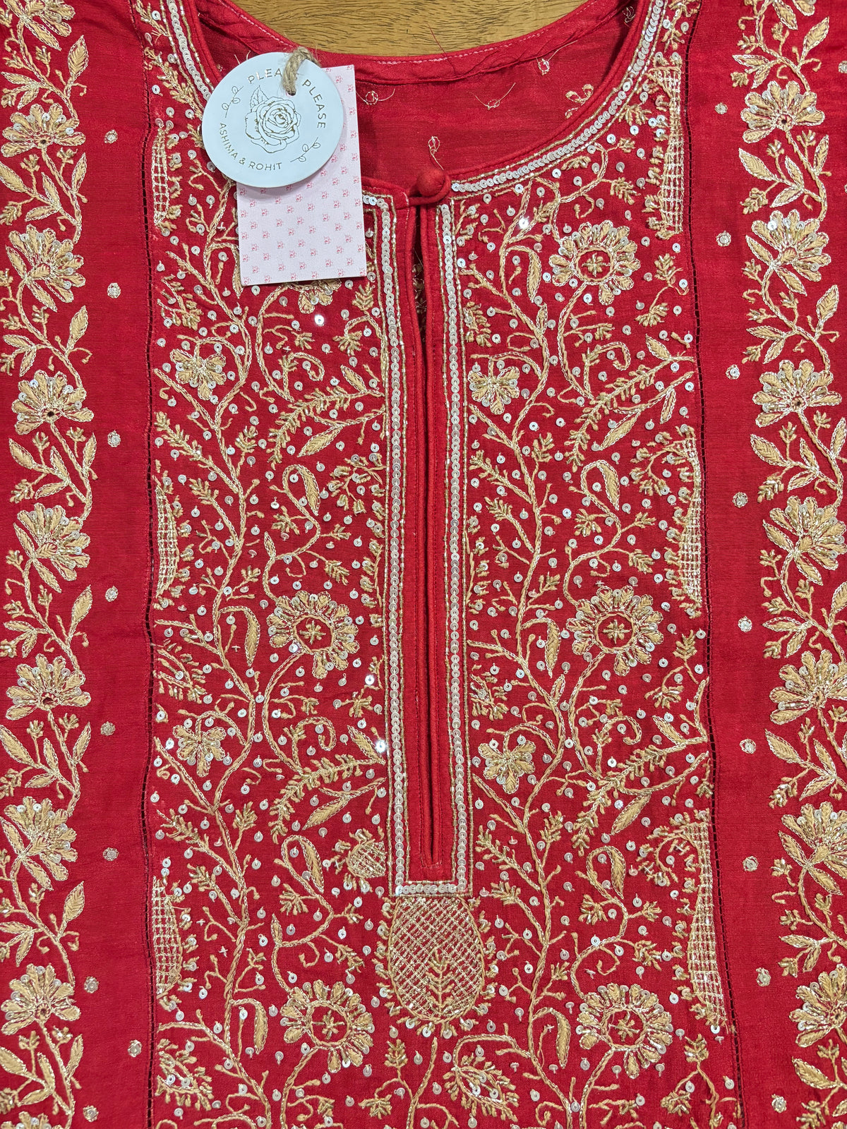 Crimson Red Monga Silk Chikankari Kurta & Dupatta