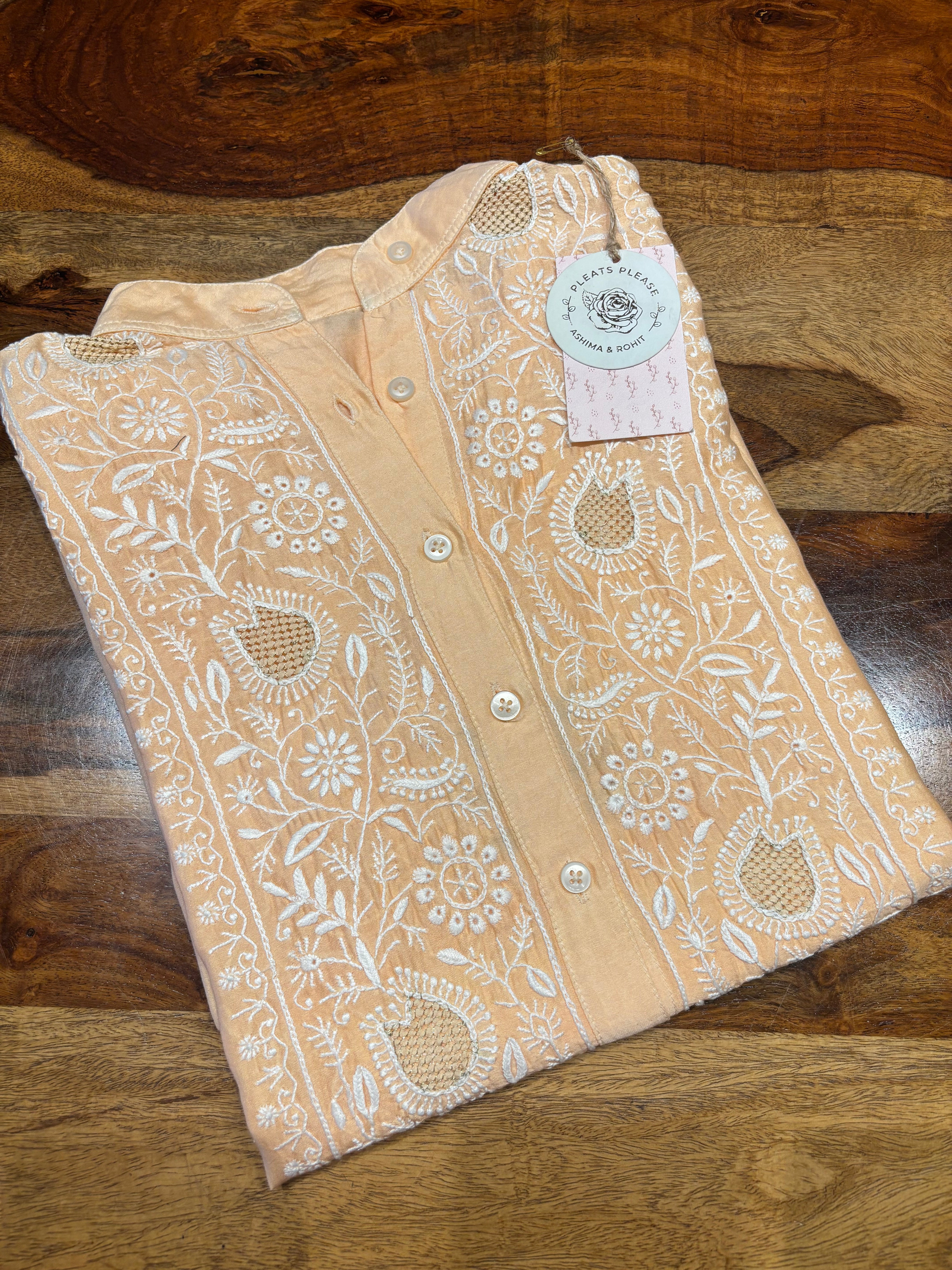 Peach Chanderi Silk Chikankari Shirt