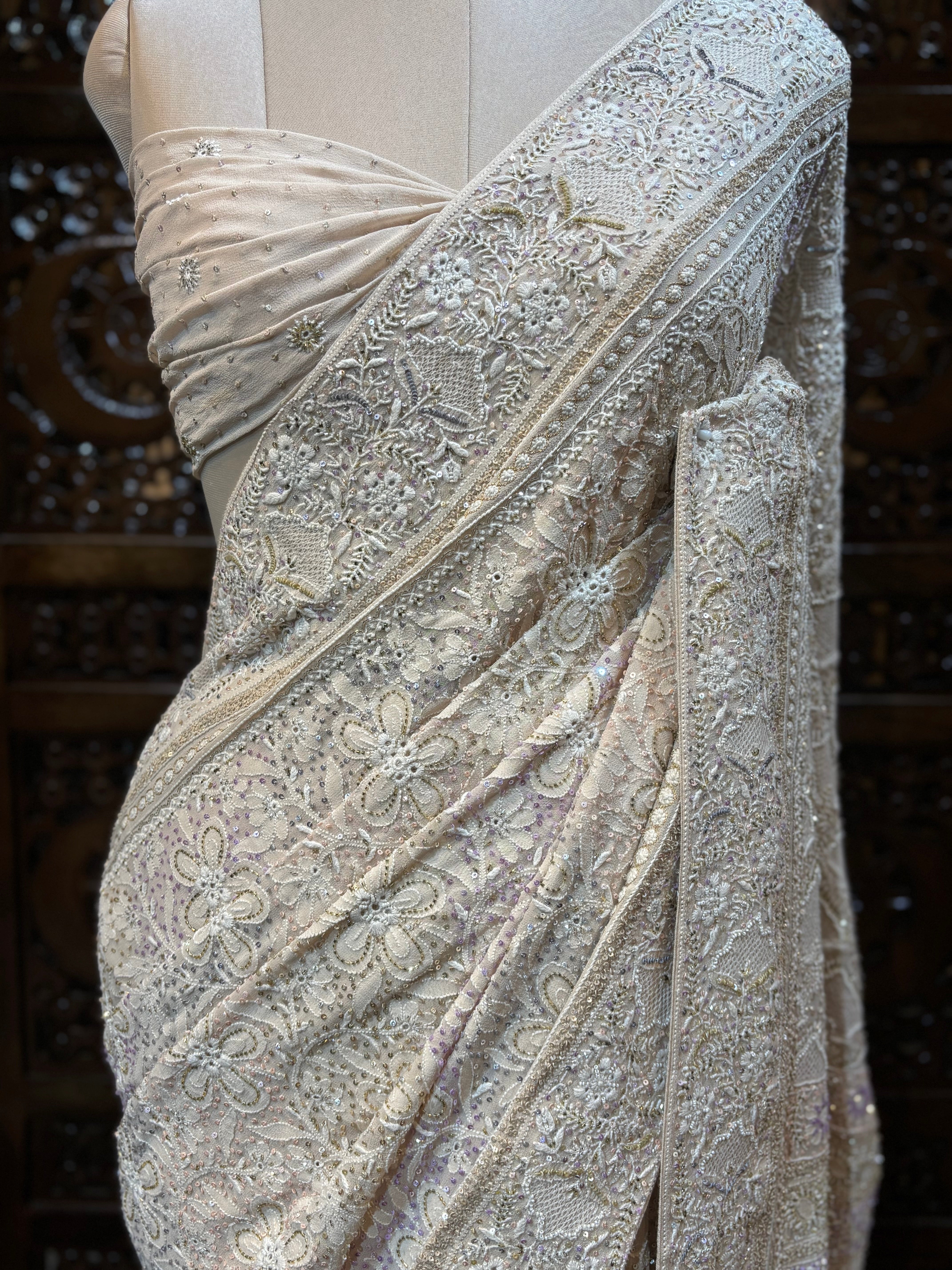 Coffee Cream Pure Georgette Chikankari Saree and Blouse - Pleats PleaseChikankari