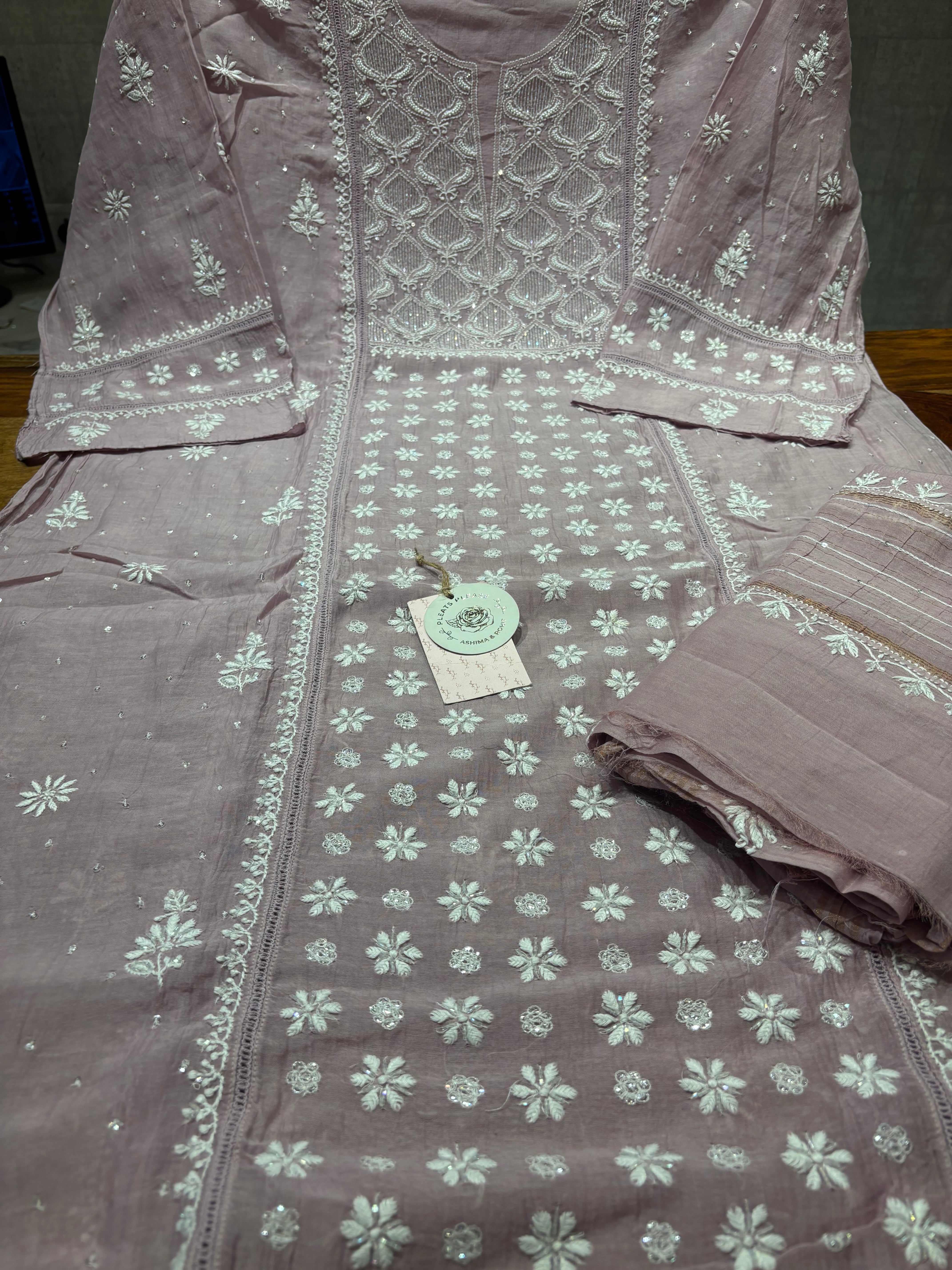 Lavender Latte Chanderi Mul Chikankari Kurta and Dupatta set