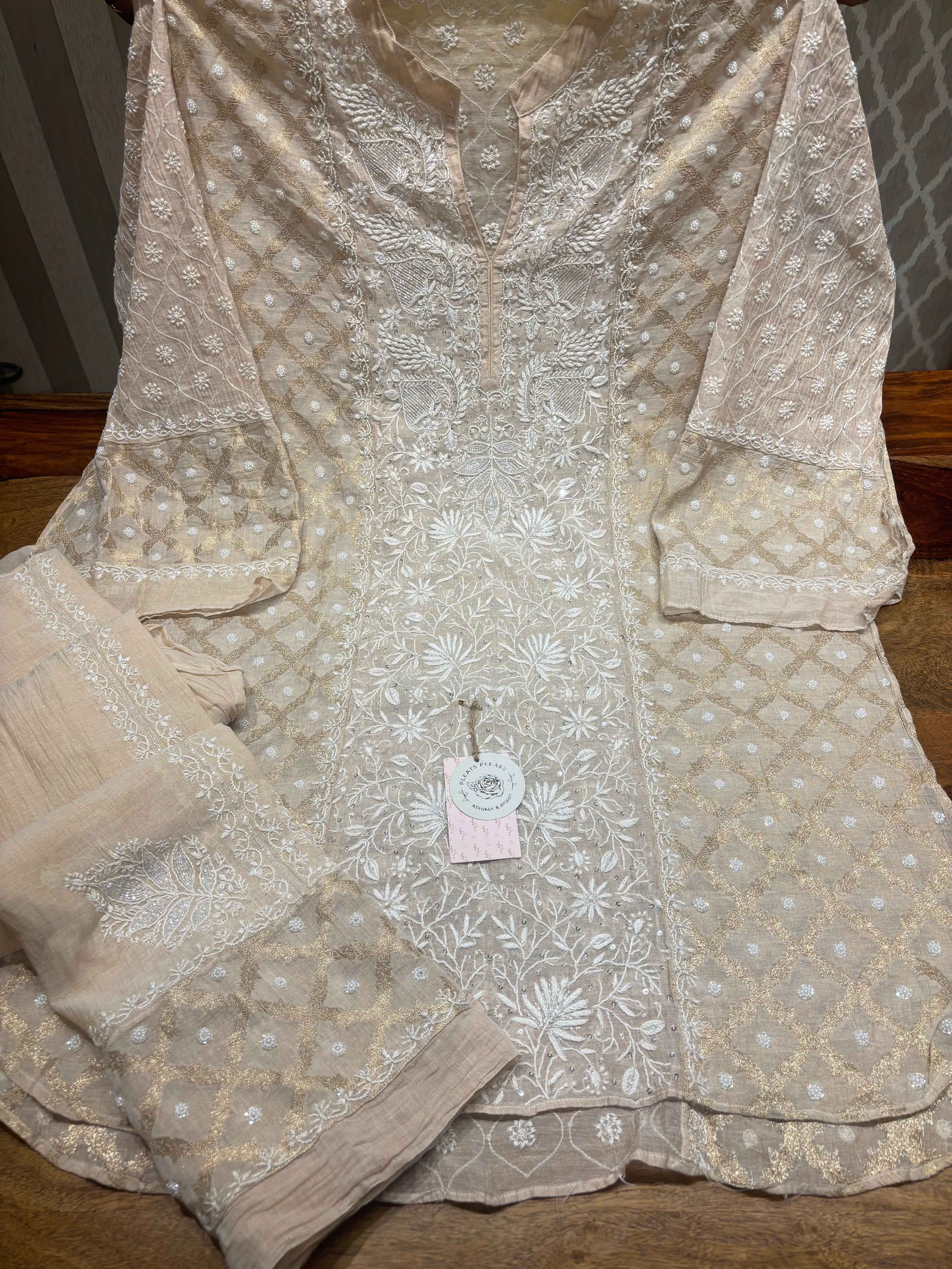 Natural Pure Tissue Chikankari Co-ord Set - Pleats PleaseChikankari