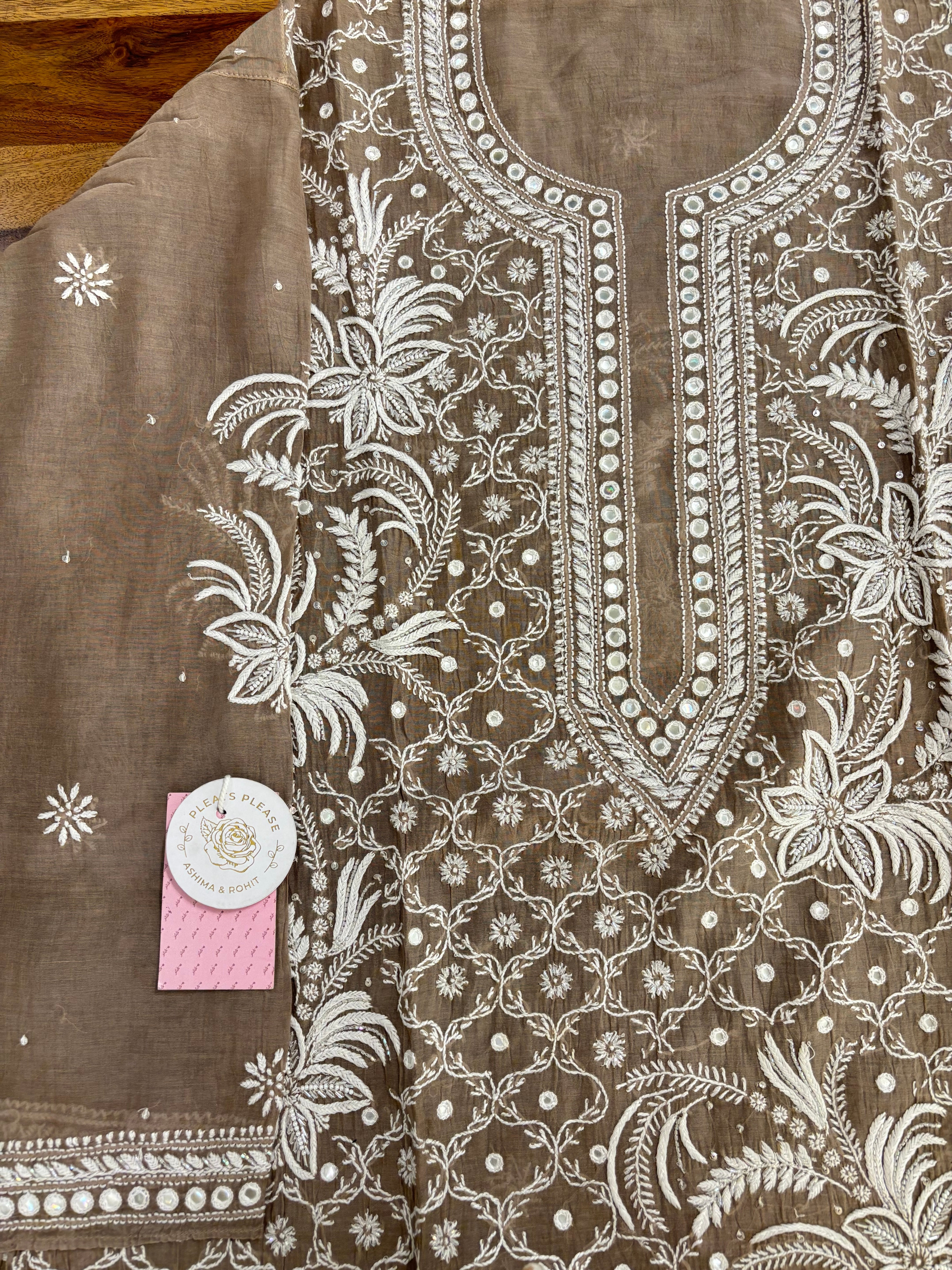 Camel Brown Chanderi Mul Mirror Chikankari Kurta & Dupatta